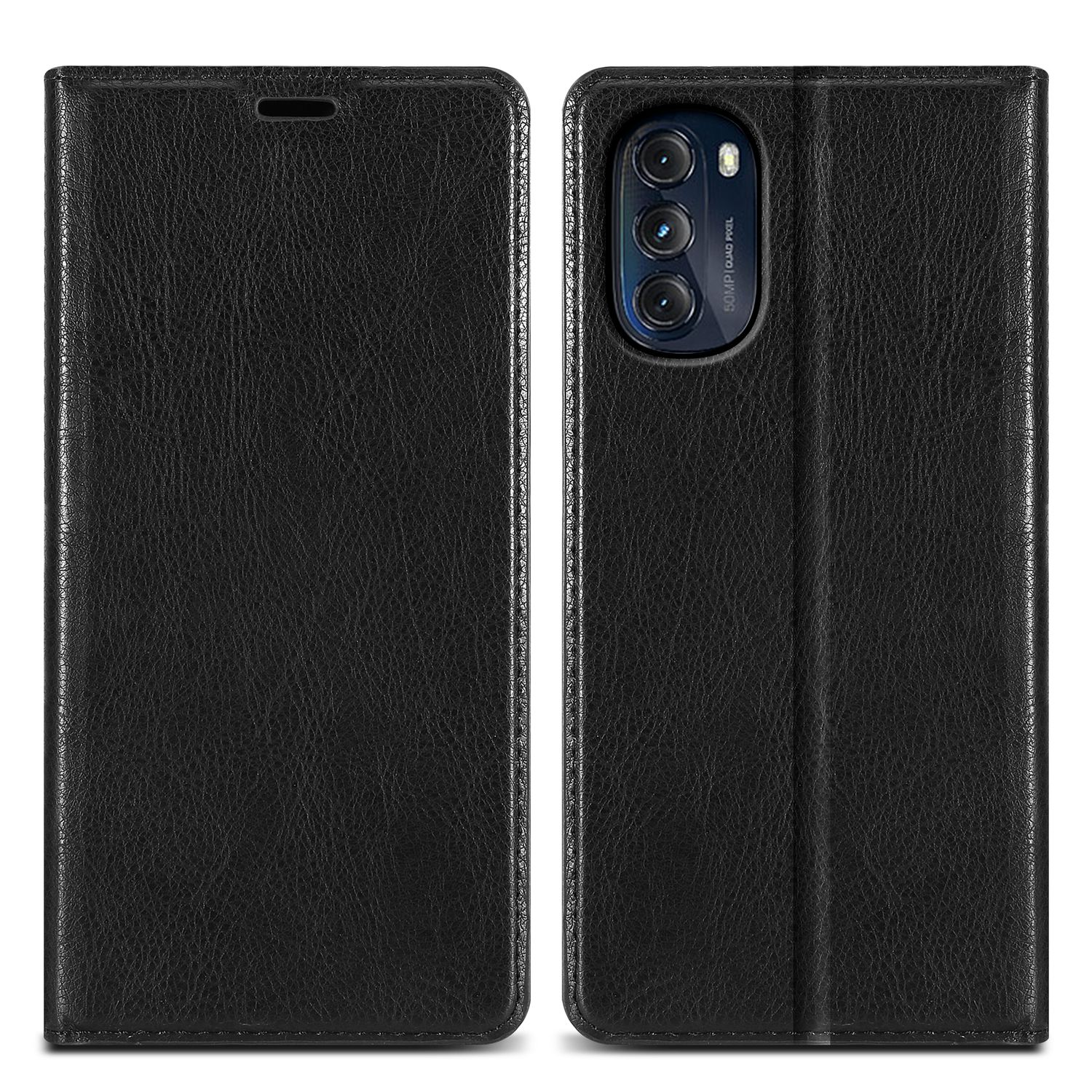 Custodia per telefono in pelle nera, chiusa. Superficie strutturata, design semplice, con intaglio.