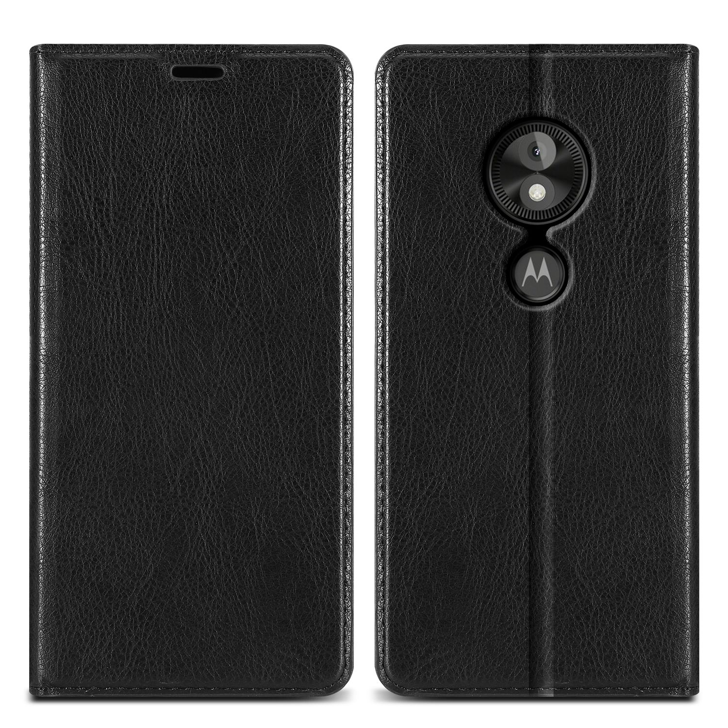 Custodia per telefono in pelle nera, aperta e chiusa. La custodia chiusa mostra un rigonfiamento della fotocamera e il logo AA.