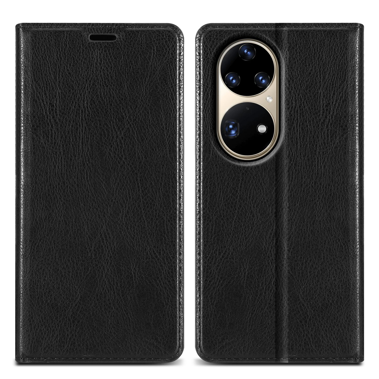 Schwarze Handyhülle, offen. Strukturiertes Leder. Telefon mit Kameraausschnitt.