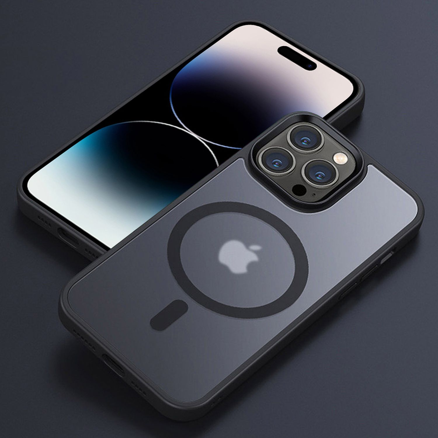 Custodia nera per telefono con retro trasparente e logo Apple. Un altro telefono sul retro.