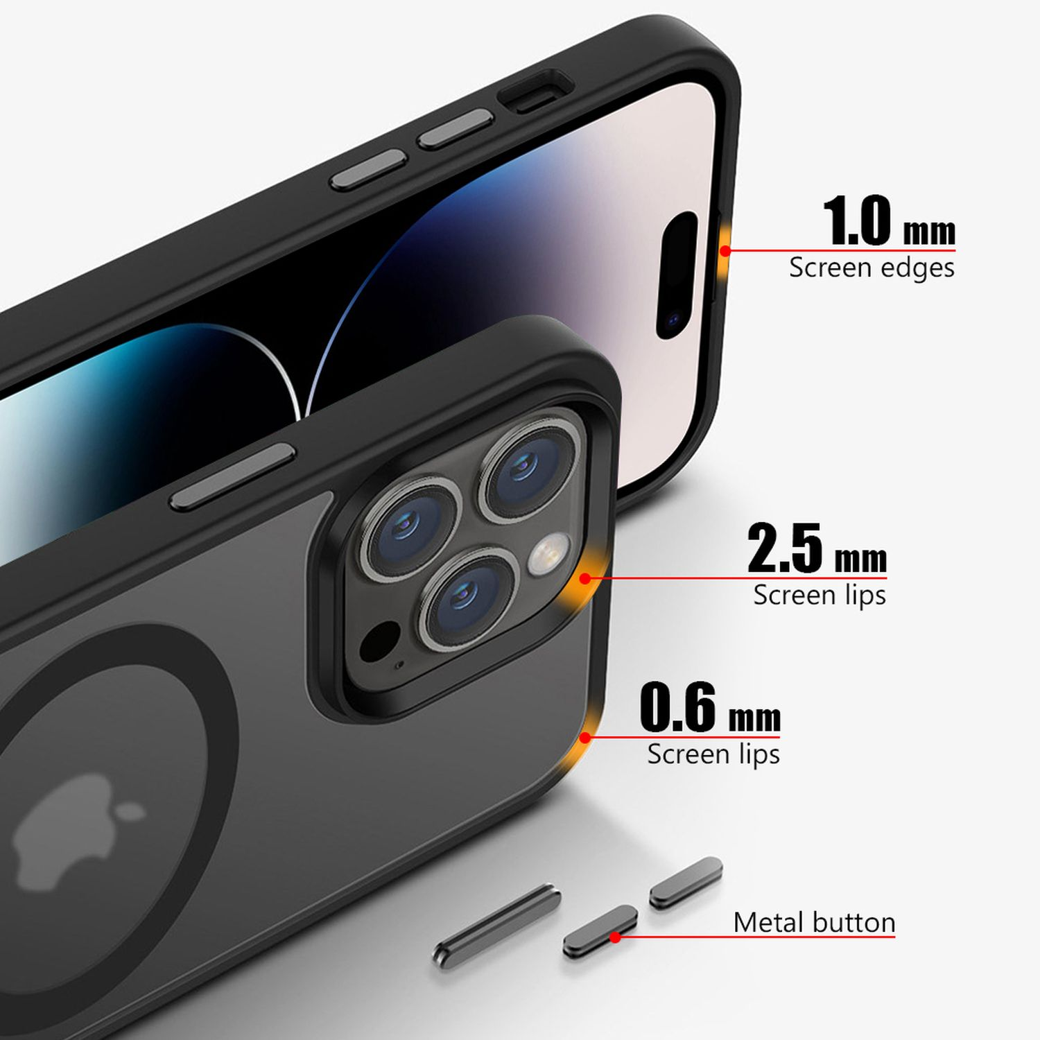 Custodia per iPhone con retro trasparente, che mostra bordi e bordi dello schermo.