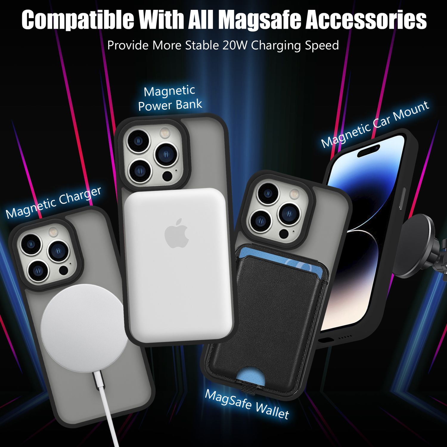 Immagini che mostrano diversi accessori MagSafe: caricatore, power bank, portafoglio MagSafe e supporto per auto.