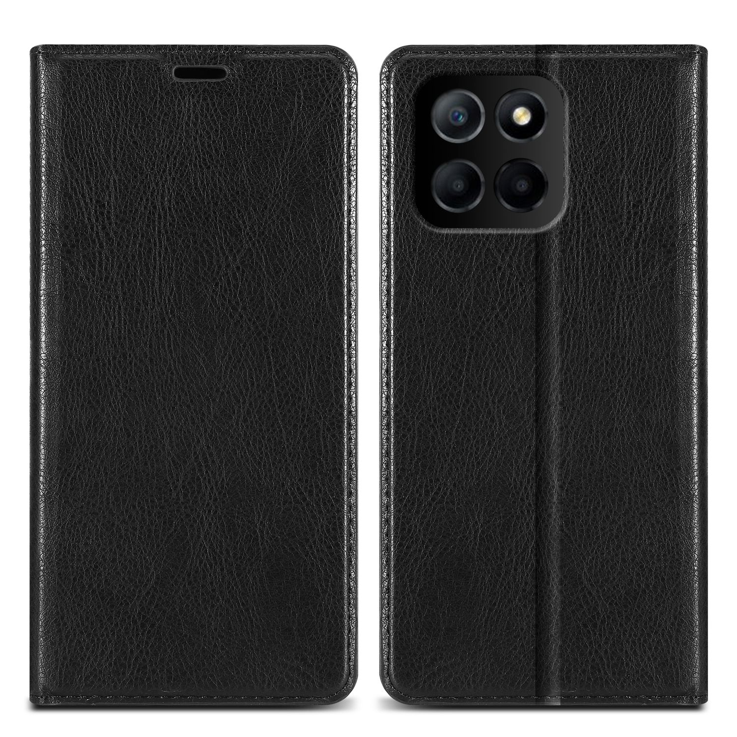Custodia per telefono in pelle nera, aperta e chiusa, che mostra il modulo fotocamera.
