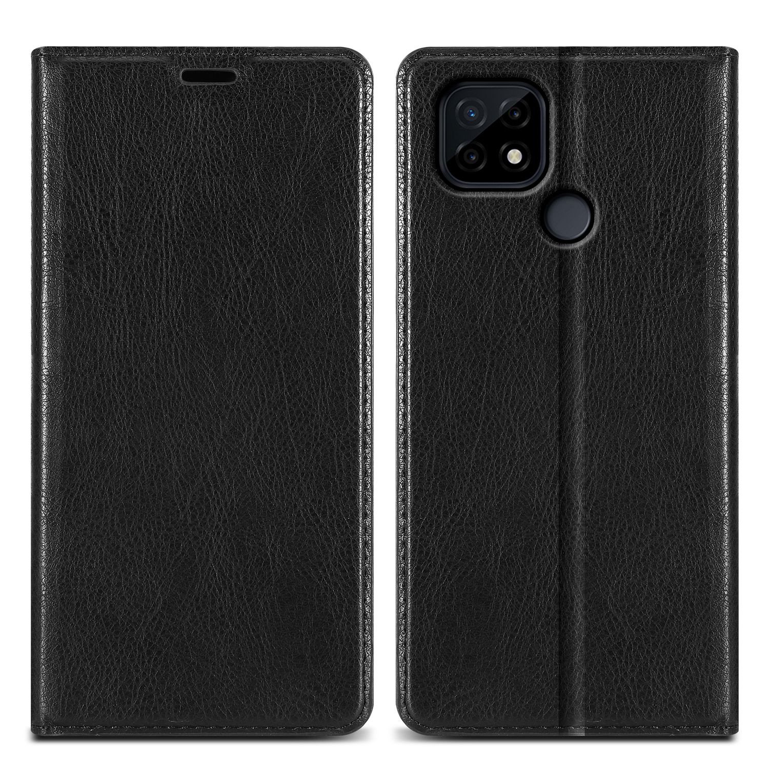 Custodia per telefono in pelle nera, aperta e chiusa. Ha una superficie strutturata e un ritaglio per la fotocamera.