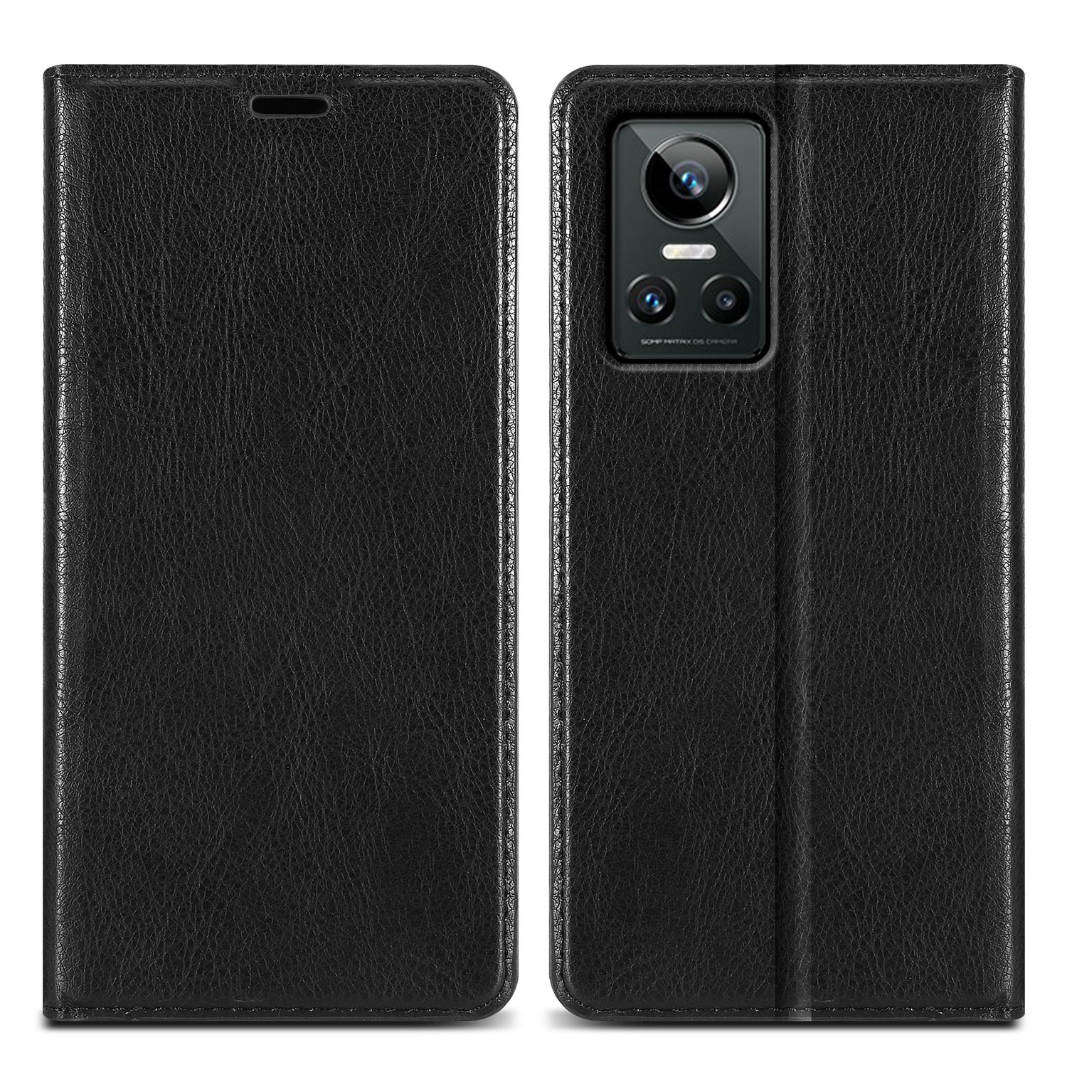 Custodia per telefono nera aperta, mostra un telefono con fotocamera. La copertura è a sinistra.