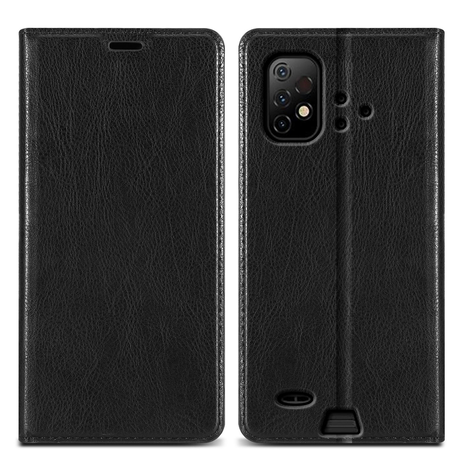 Custodia in pelle nera, chiusa, con superficie strutturata, e aperta, con fotocamera del telefono visibile.