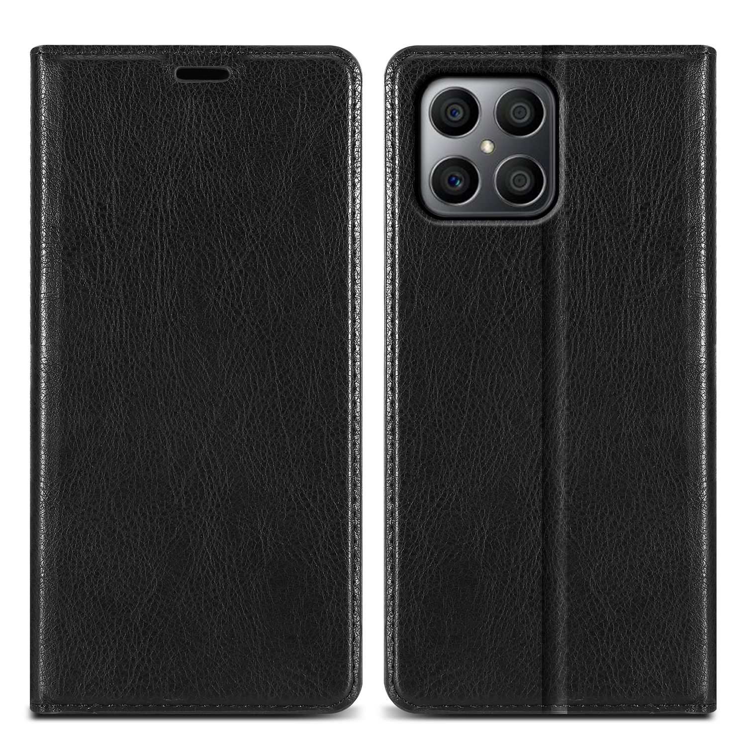 Custodia per telefono in pelle nera, chiusa e aperta. Contiene un telefono con più fotocamere.