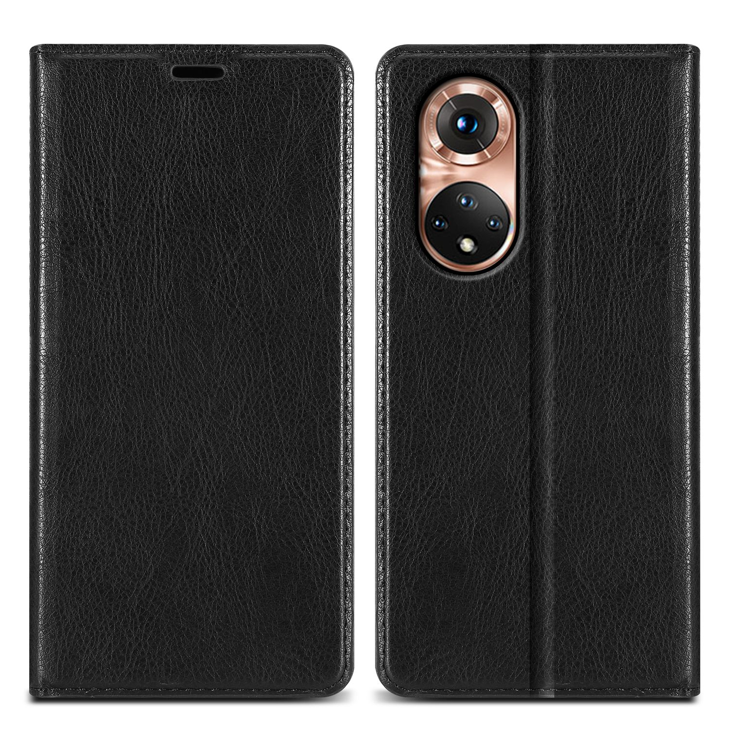 Custodia per telefono in pelle nera. Mostra sia la cover anteriore che posteriore della custodia.