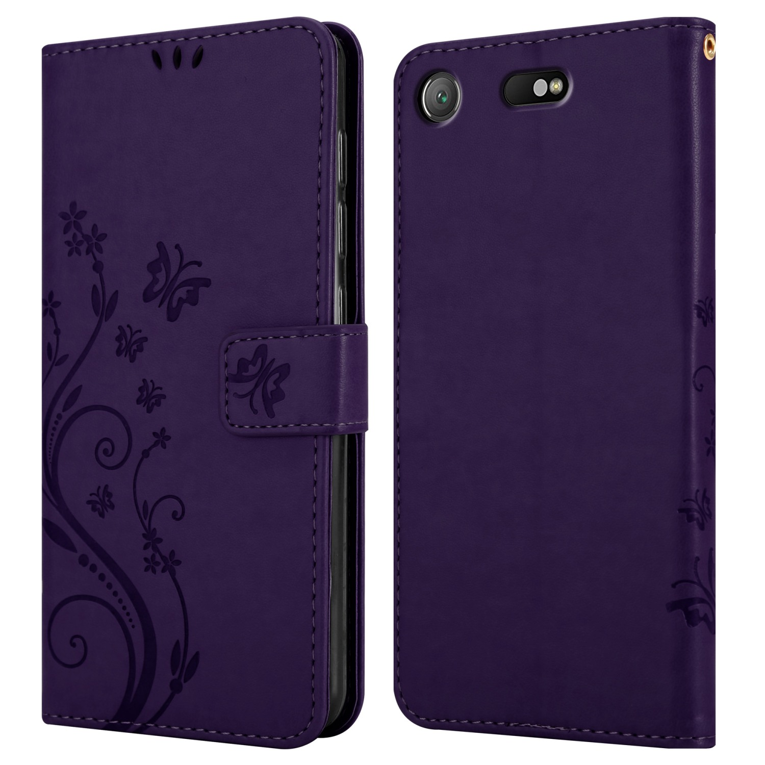 Custodia per telefono viola aperta e chiusa, con motivo floreale.