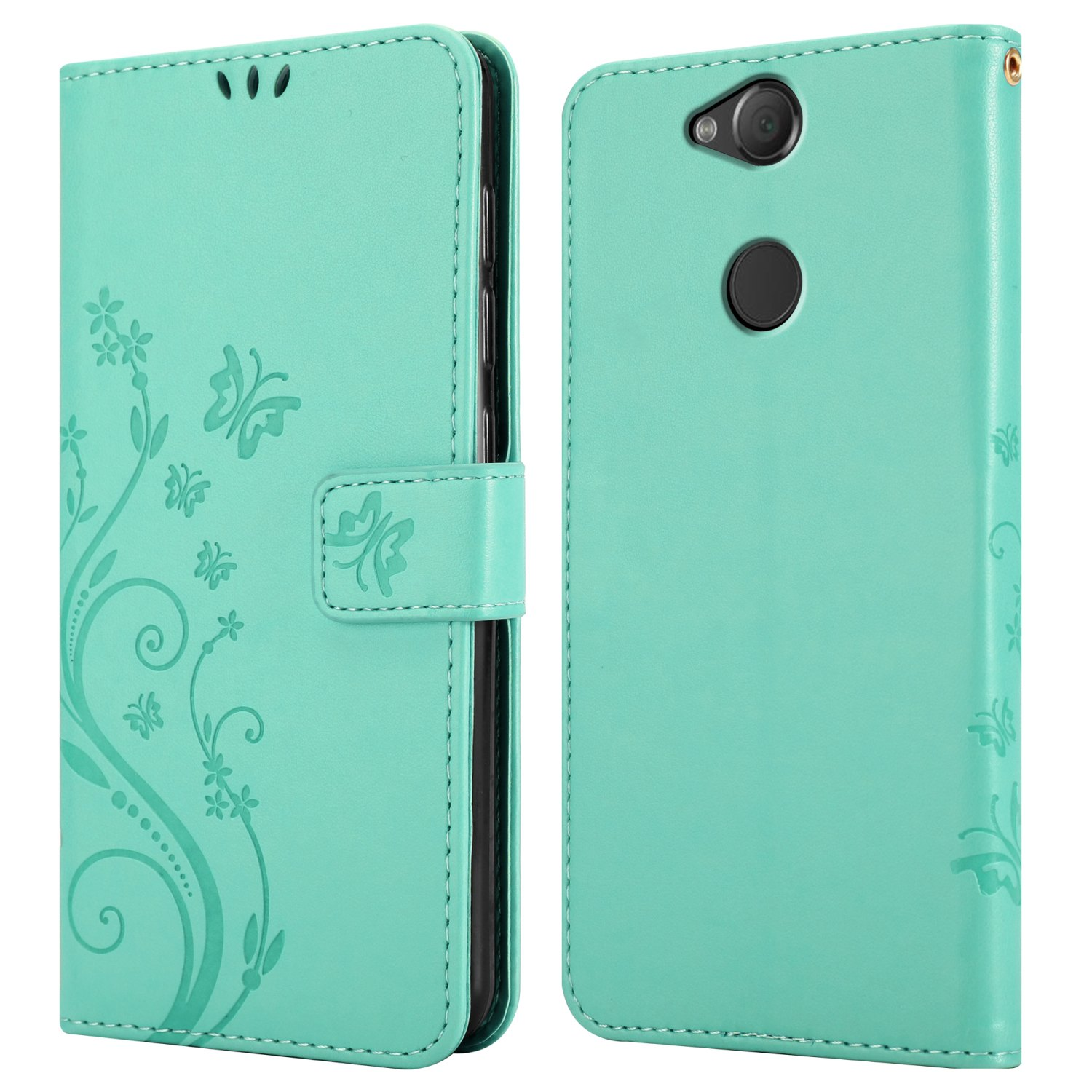 Una custodia per telefono verde acqua, aperta, con un telefono all'interno e un design floreale.