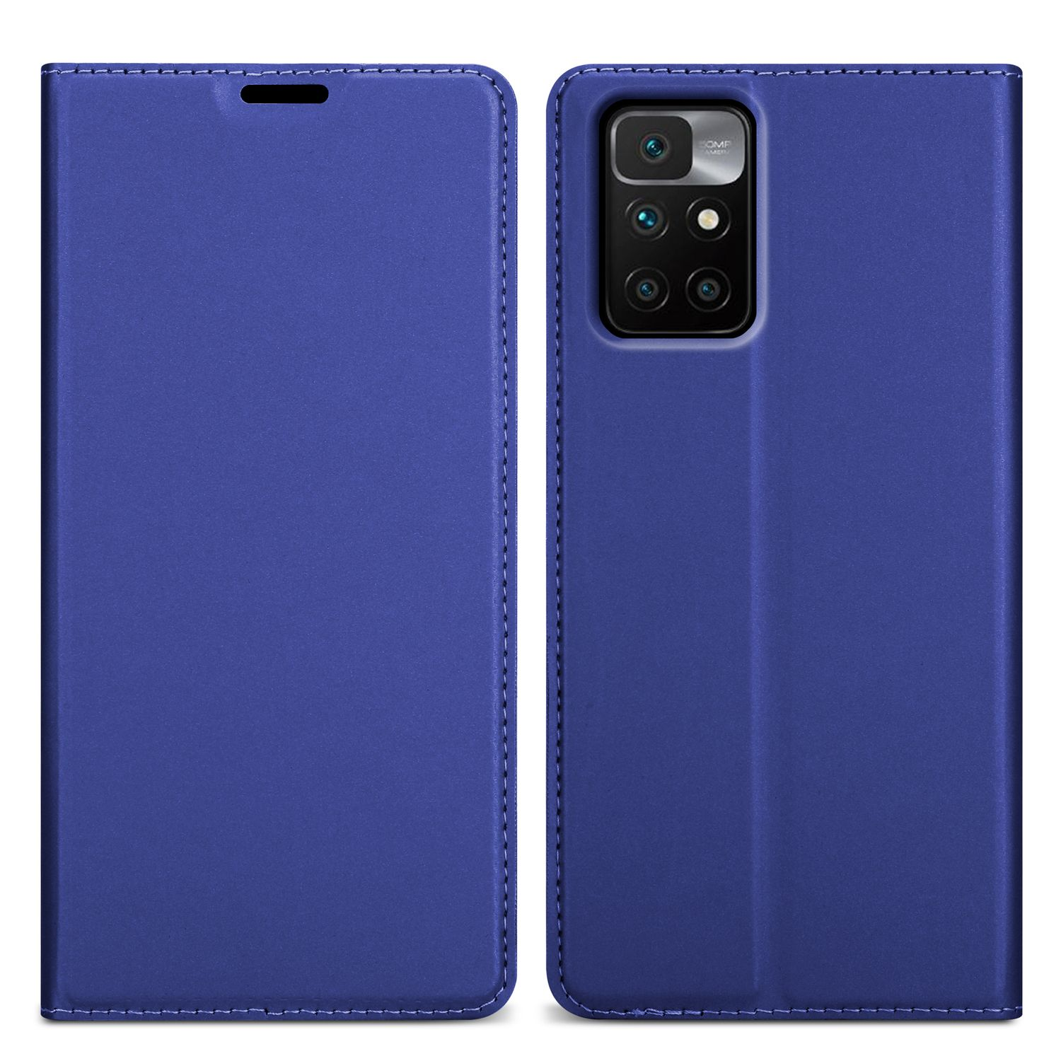 Custodia blu per telefono, aperta e chiusa. La custodia aperta mostra la fotocamera.