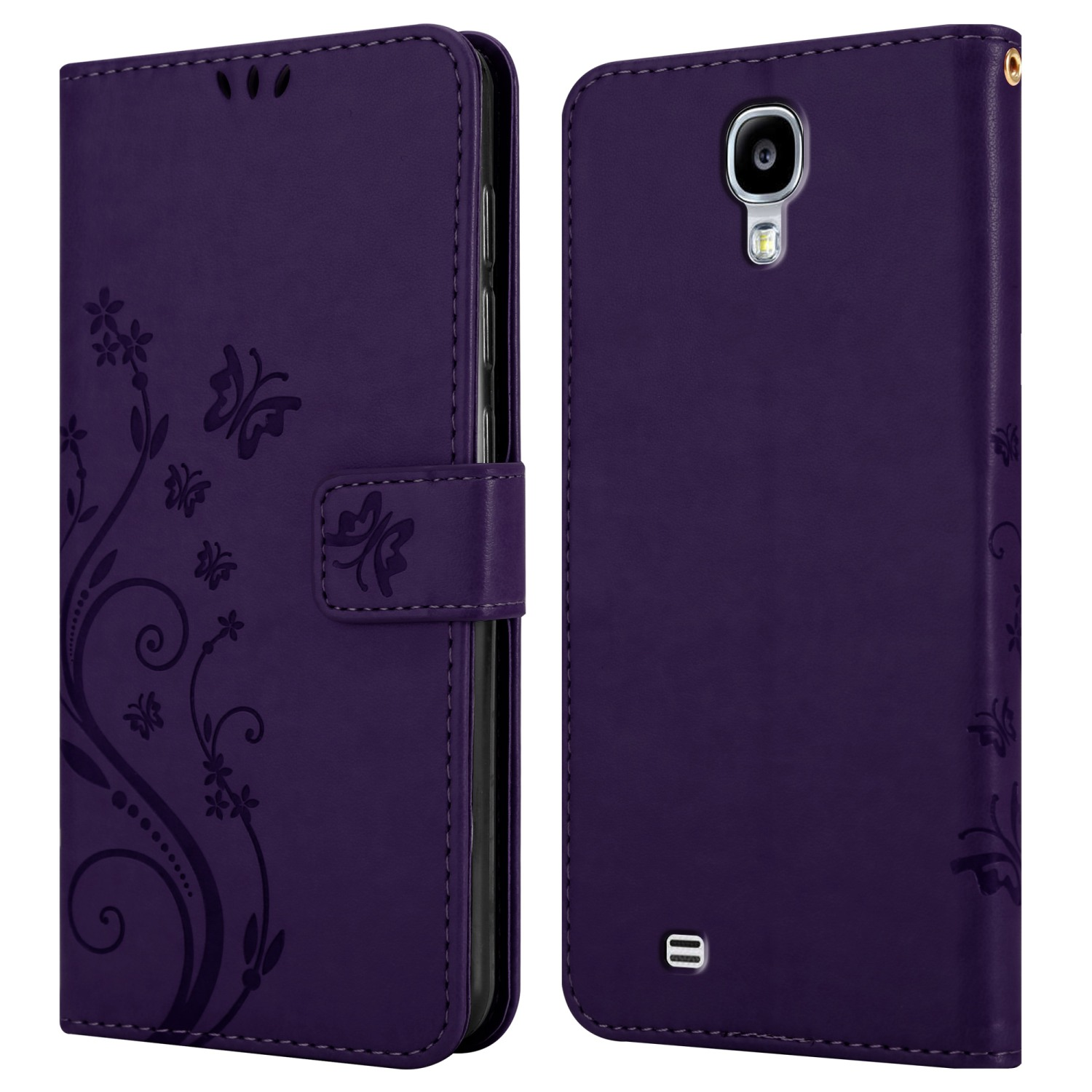 Custodia per telefono viola con design a farfalla, aperta e chiusa, su sfondo bianco.