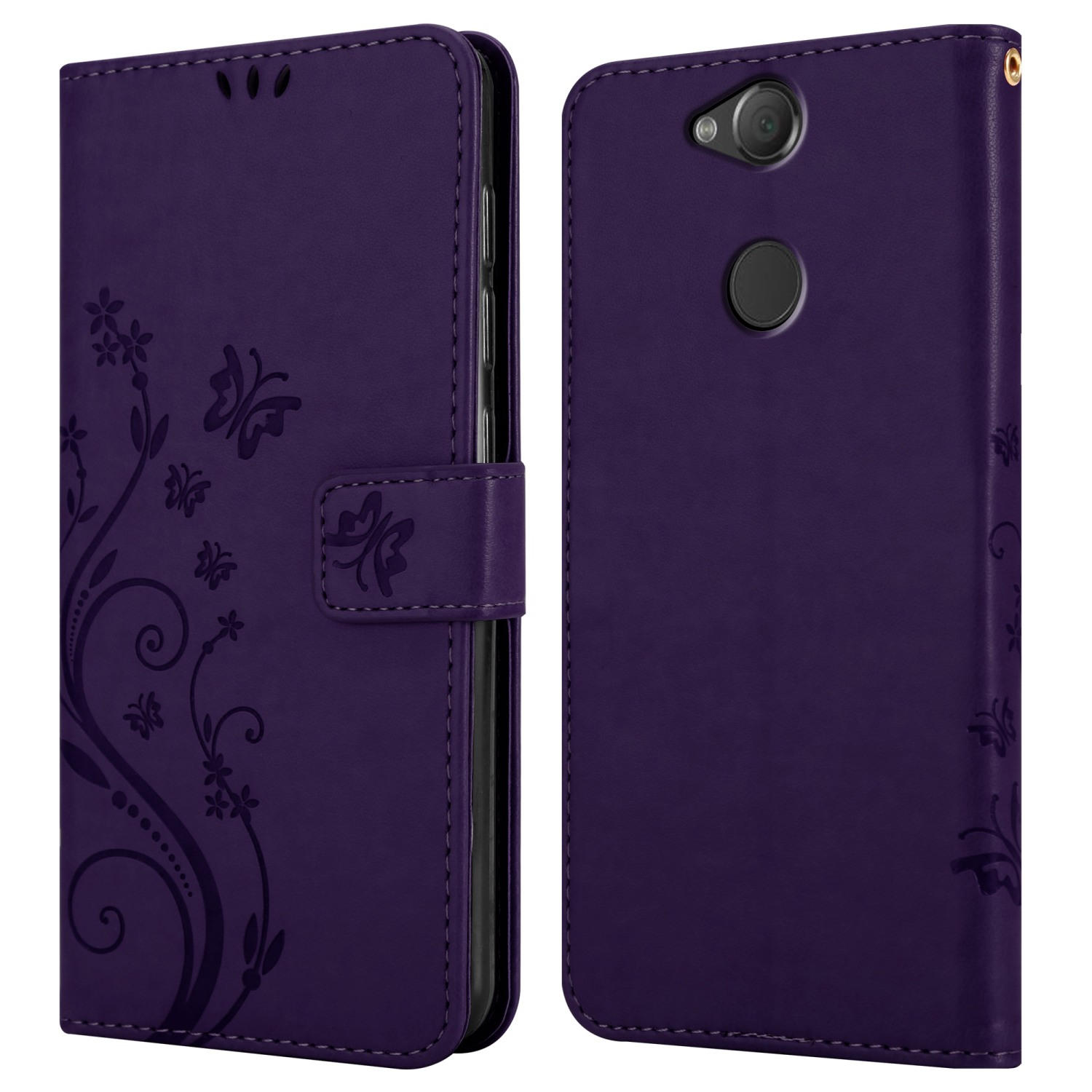 Custodia per telefono viola con design floreale e farfalle. Due viste, aperta e chiusa.