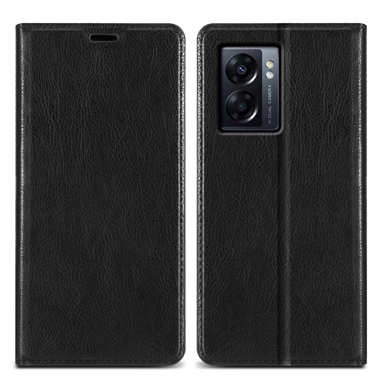 Custodia nera, aperta e chiusa, con telefono. L'interno è in pelle nera.