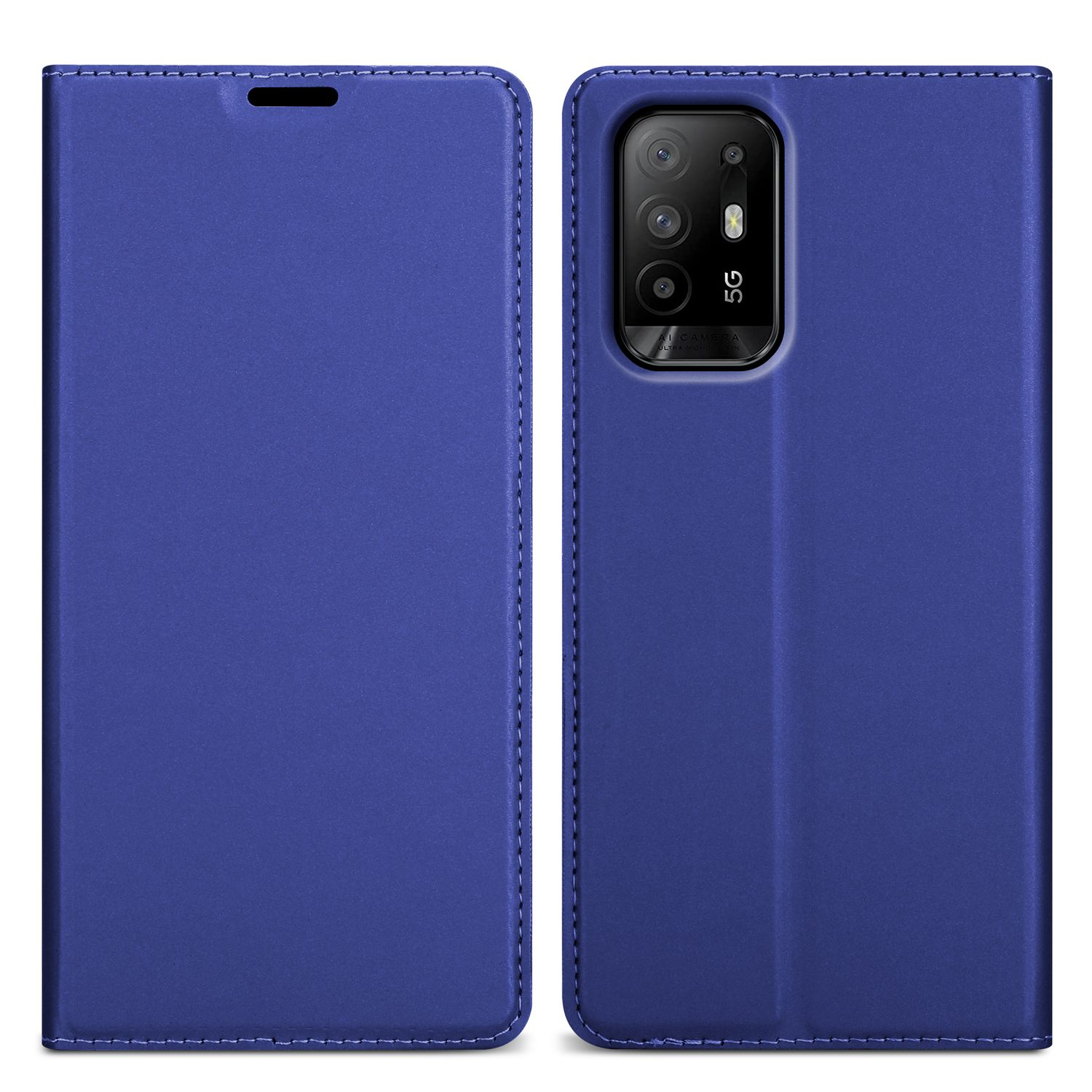 Custodia per telefono in pelle blu con un telefono all'interno.