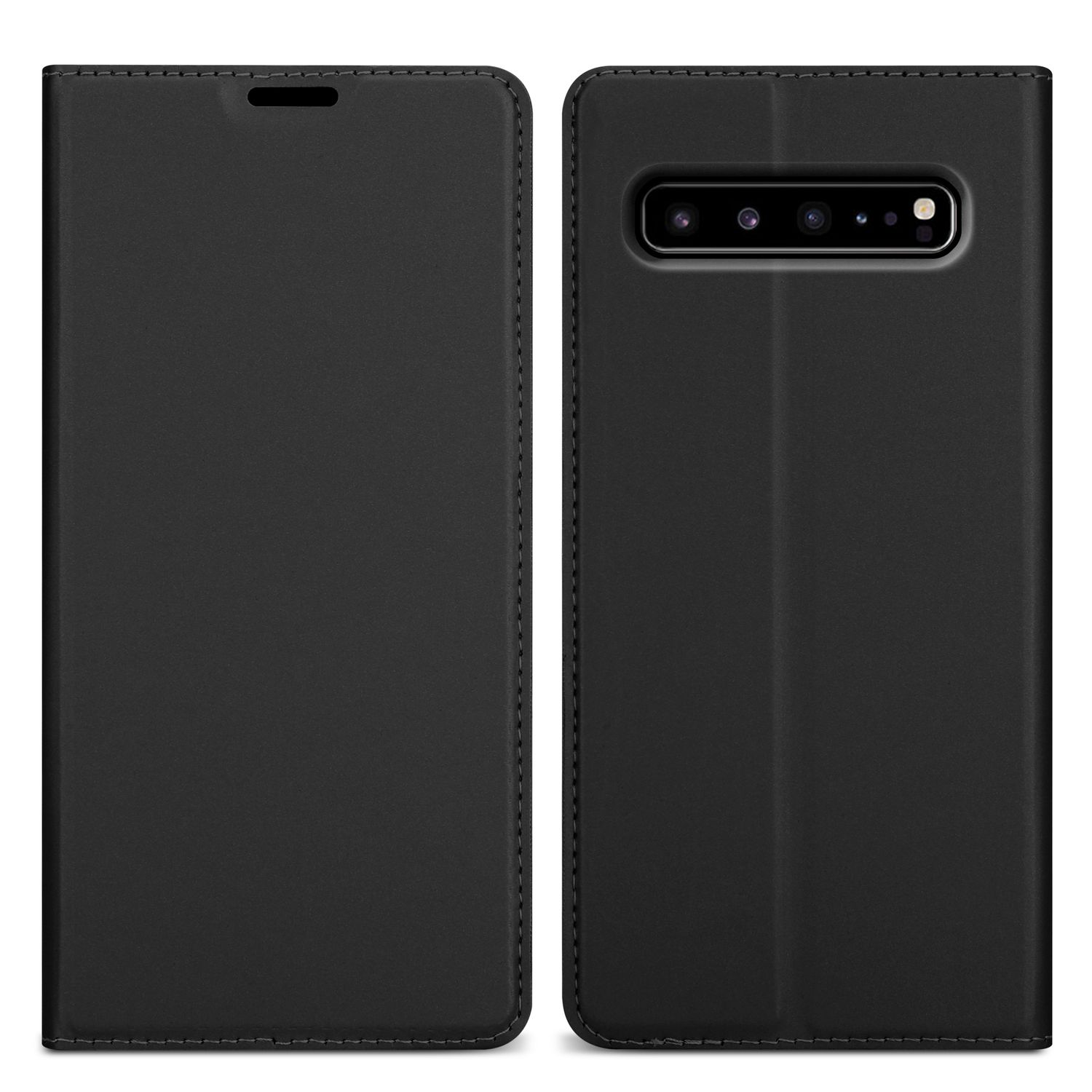 Schwarze Leder-Handyhülle, offen und geschlossen. Schützt das Telefon, schlichtes Design.