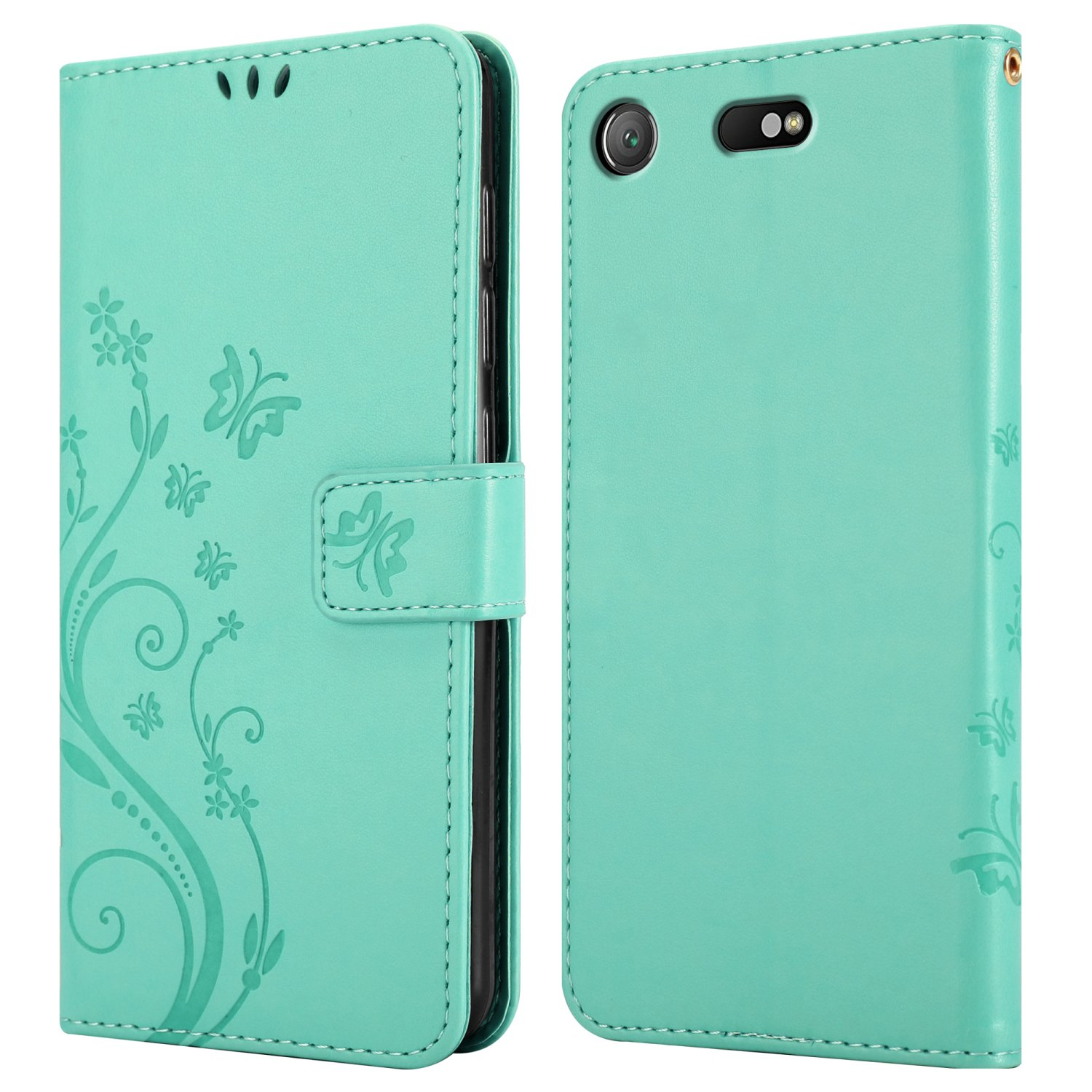 Custodia per telefono menta. Design a farfalla sul davanti. Telefono all'interno.