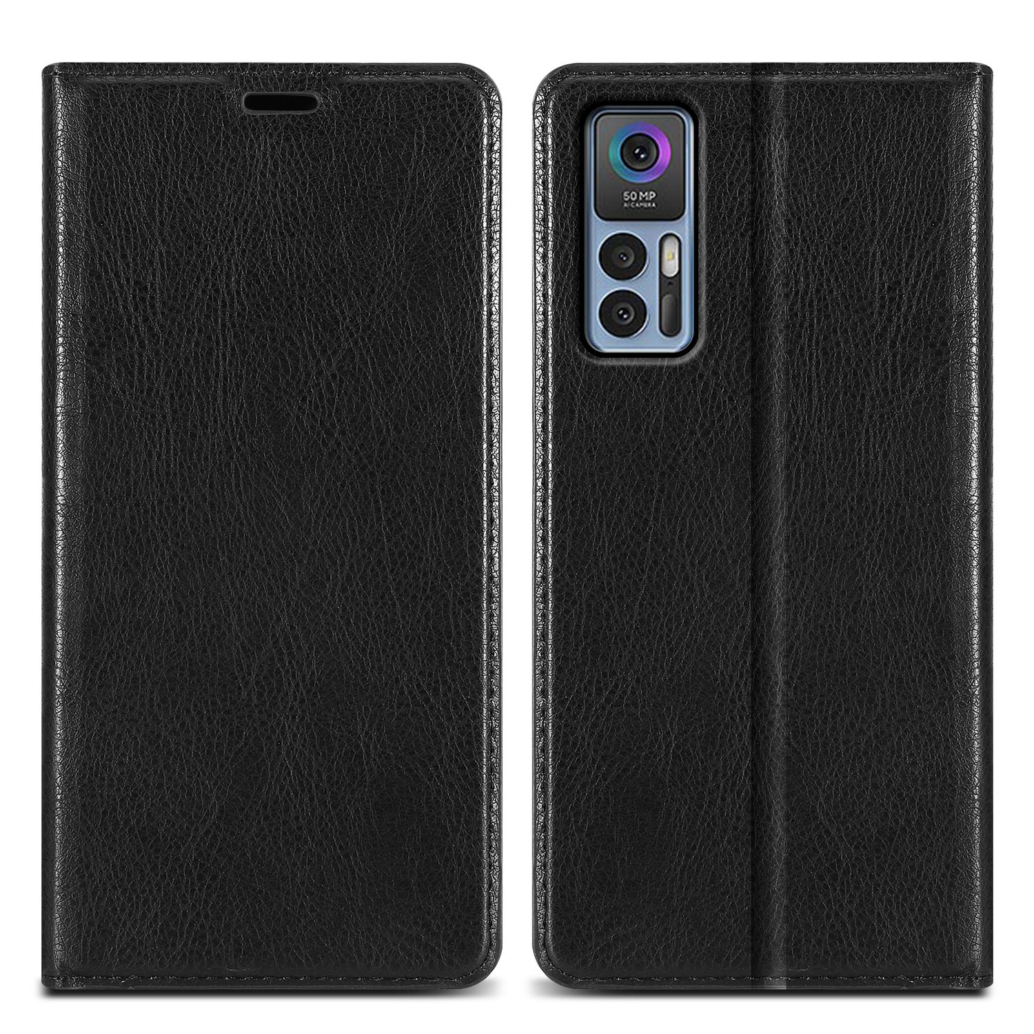 Custodia per telefono in pelle nera, aperta. Presenta una fotocamera.