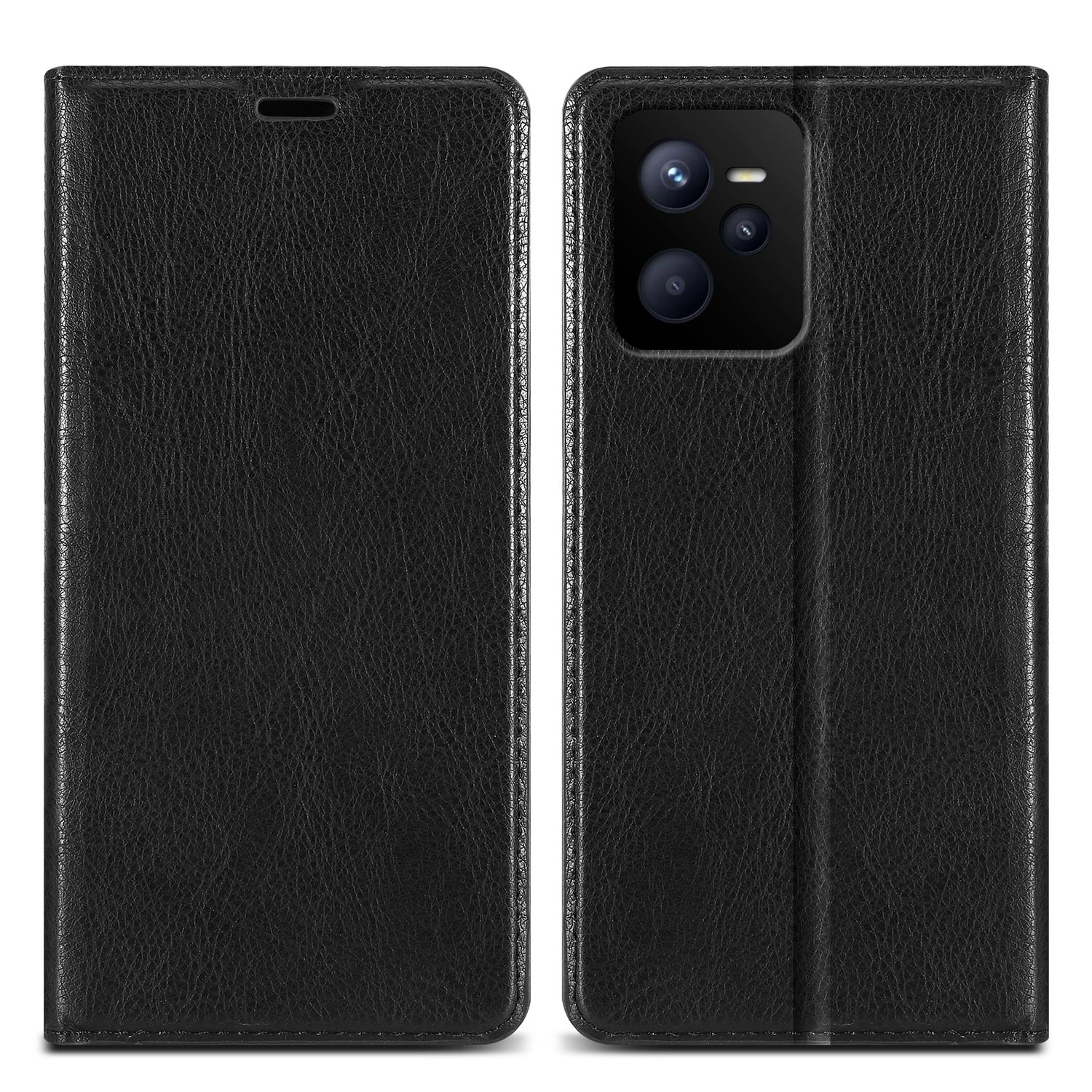 Custodia per telefono in pelle nera, chiusa a sinistra e aperta a destra, rivelando la fotocamera.