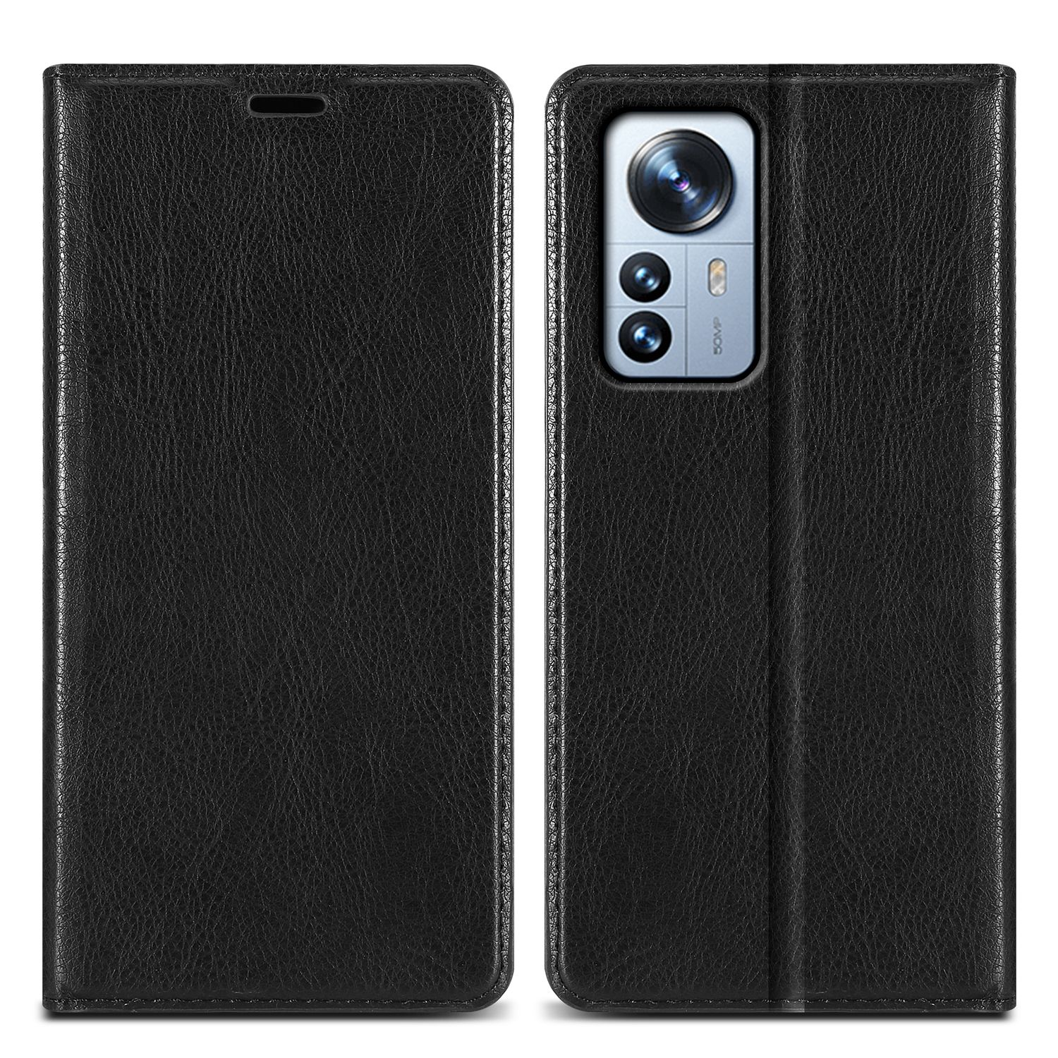 Custodia per telefono nera, aperta. Il lato sinistro è chiuso, e il destro mostra il modulo fotocamera del telefono. Texture pelle.