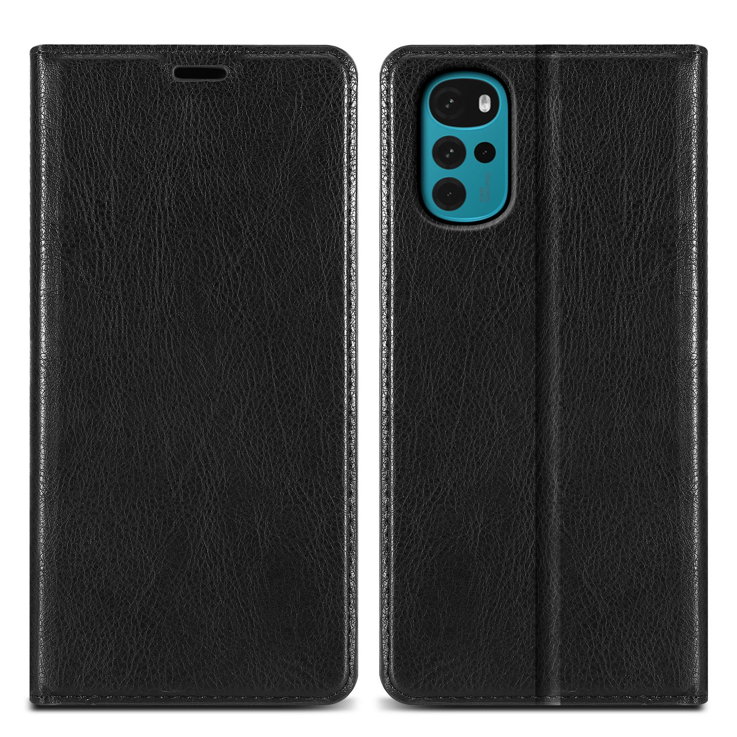 Custodia per telefono in pelle nera, chiusa e aperta, con dettagli del telefono e della fotocamera.