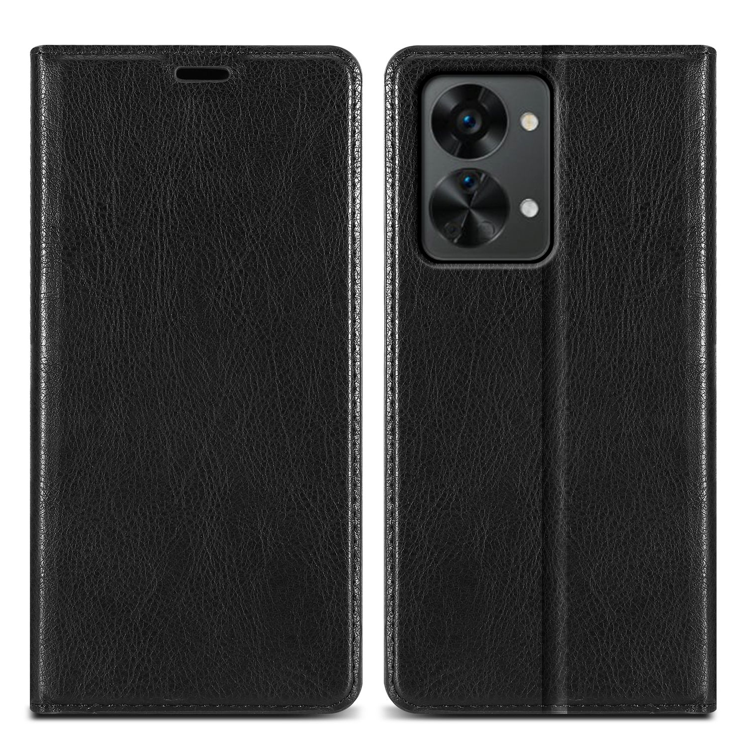 Custodia per telefono in pelle nera, chiusa a sinistra, aperta a destra, fotocamere visibili.