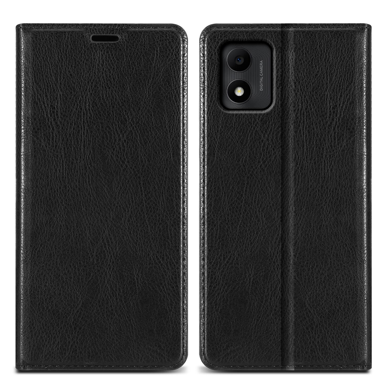 Custodia per telefono nera, chiusa a sinistra e aperta a destra, con ritaglio per fotocamera.