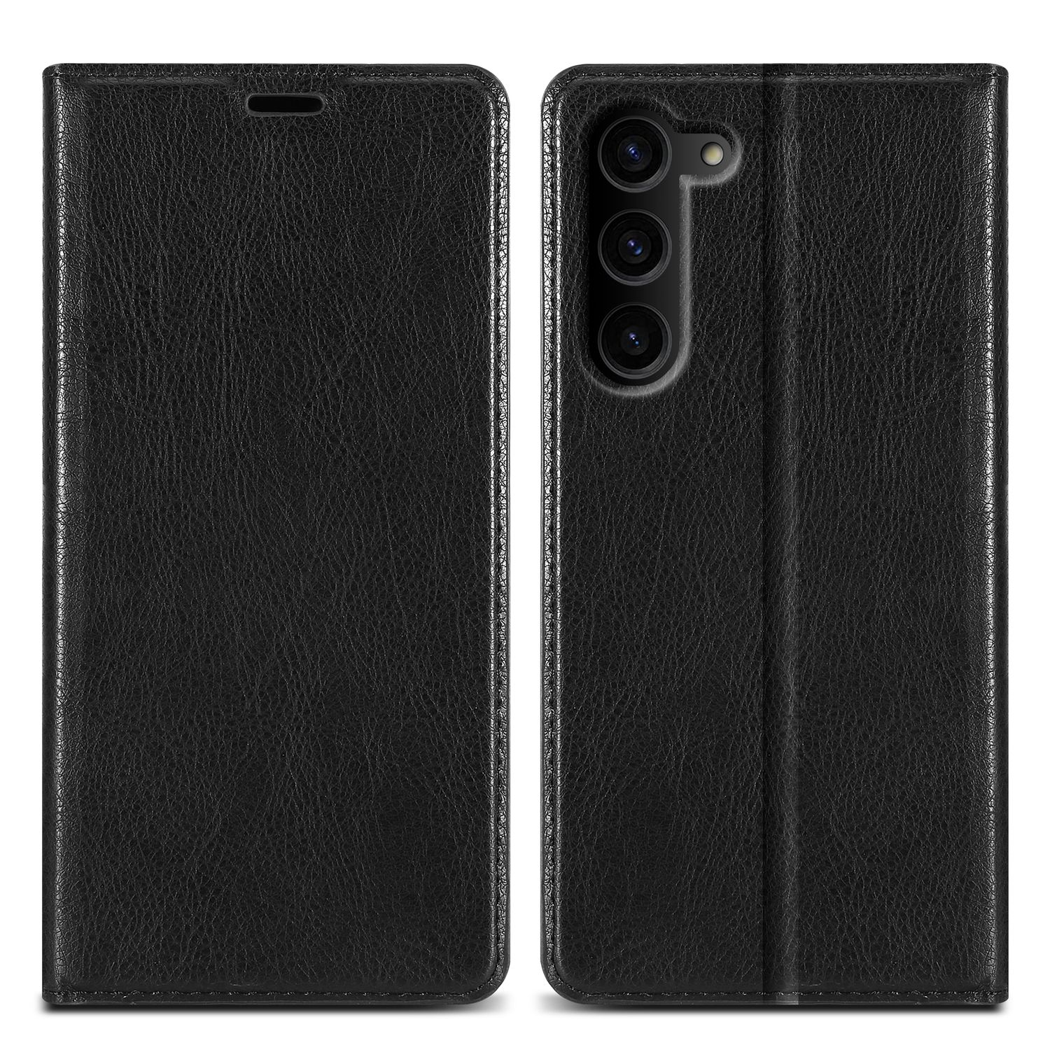 Custodia per telefono in pelle nera, aperta e chiusa, con una texture liscia. Il telefono ha tre obiettivi.