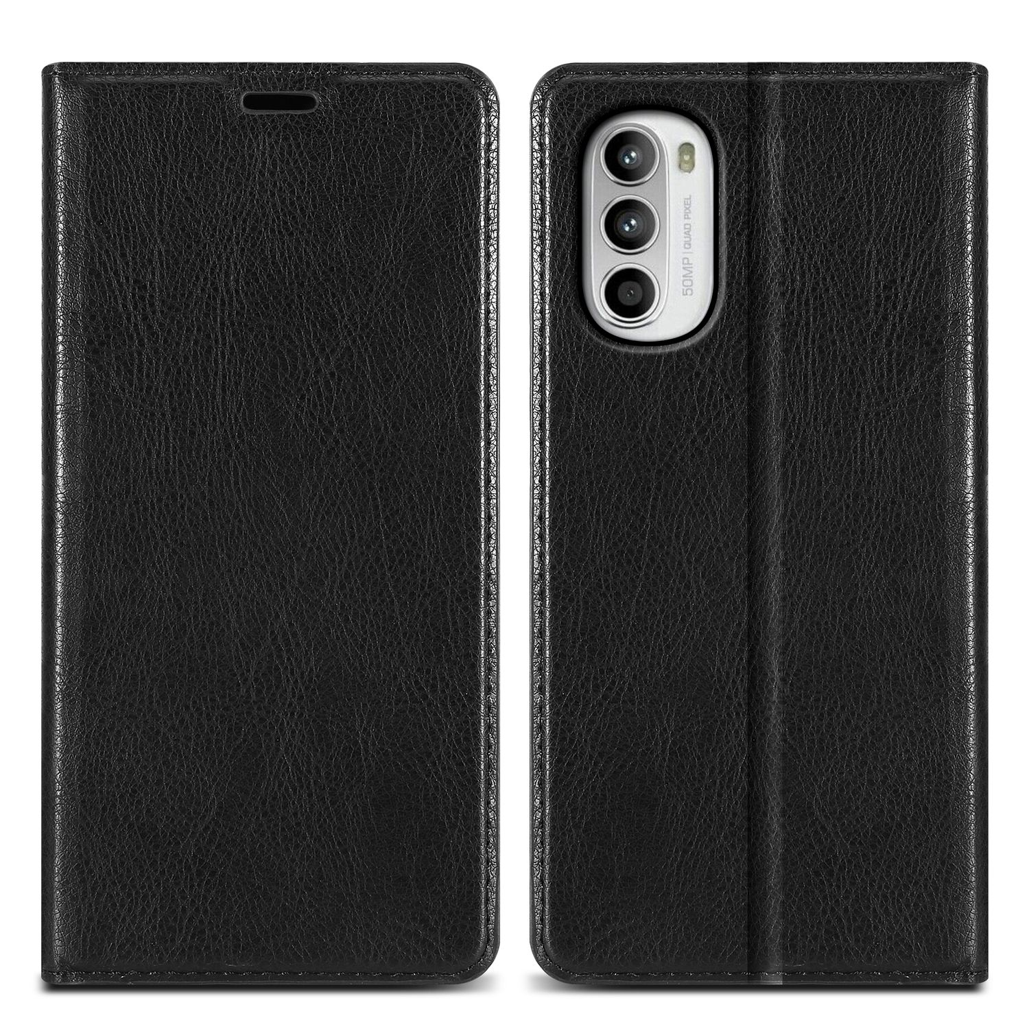 Custodia nera per telefono, frontale chiuso, con modulo a tripla fotocamera, sfondo bianco.