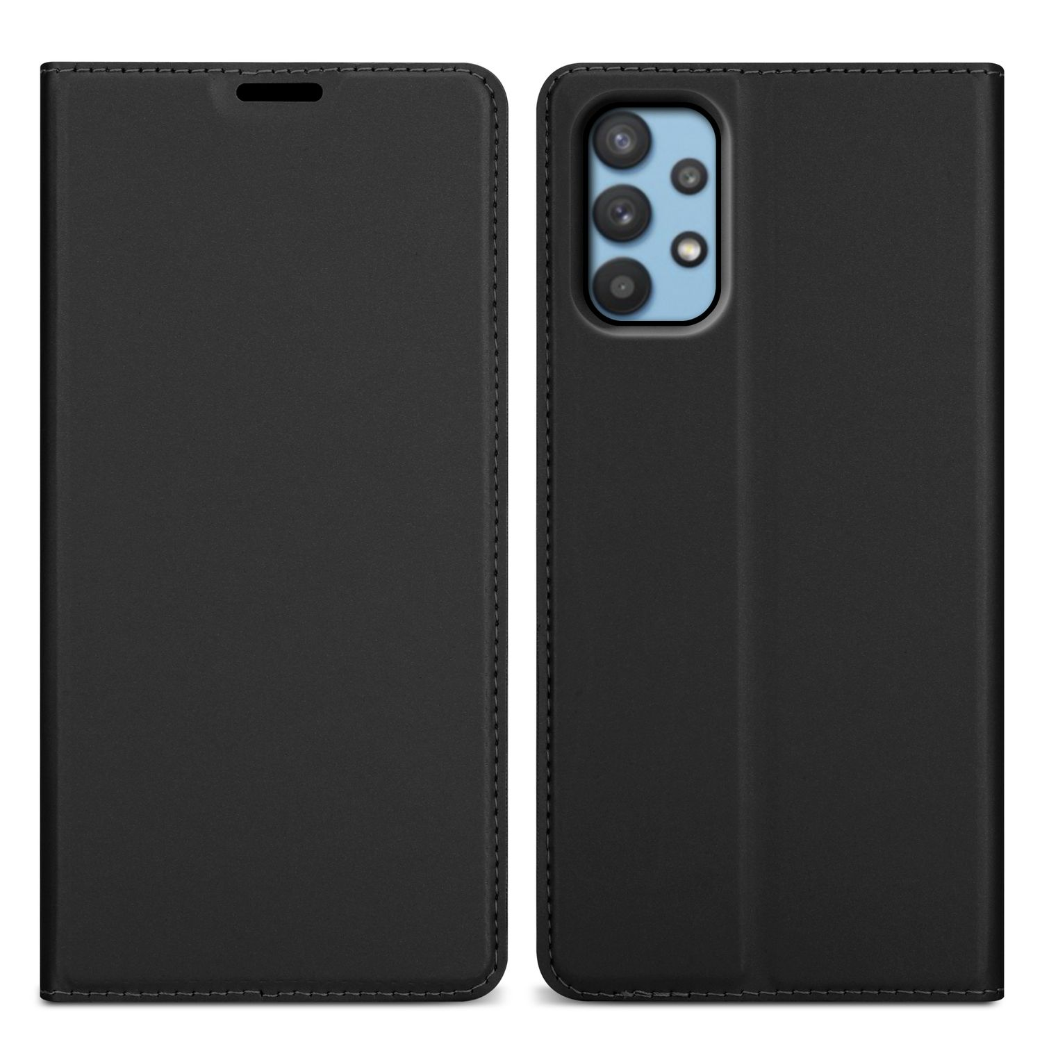 Eine schwarze Leder-Handyhülle, geöffnet und zeigt ein Telefon mit Kamera auf der rechten Seite.