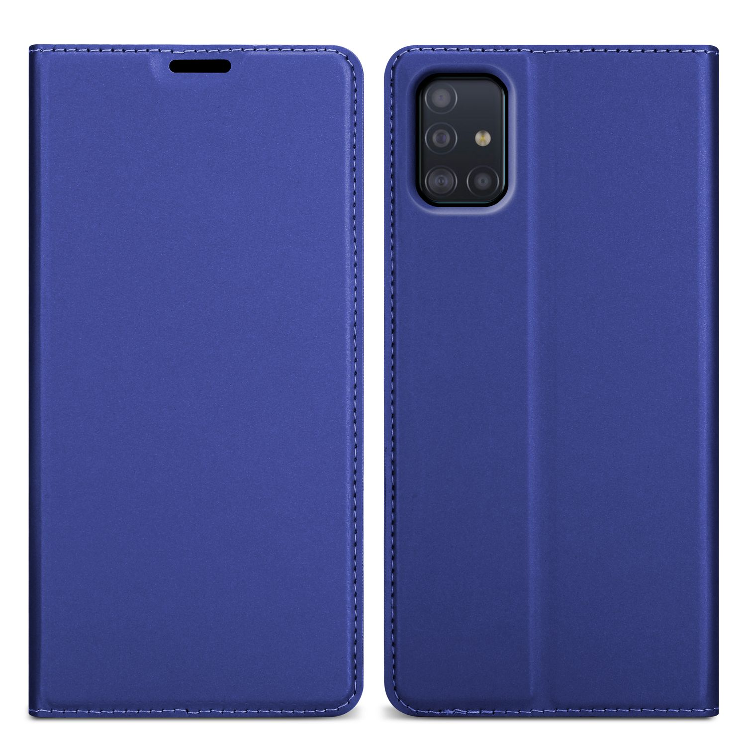 Una custodia blu per telefono, aperta, che mostra l'interno. È uno stile a portafoglio, con un bordo cucito e un ritaglio per la fotocamera.