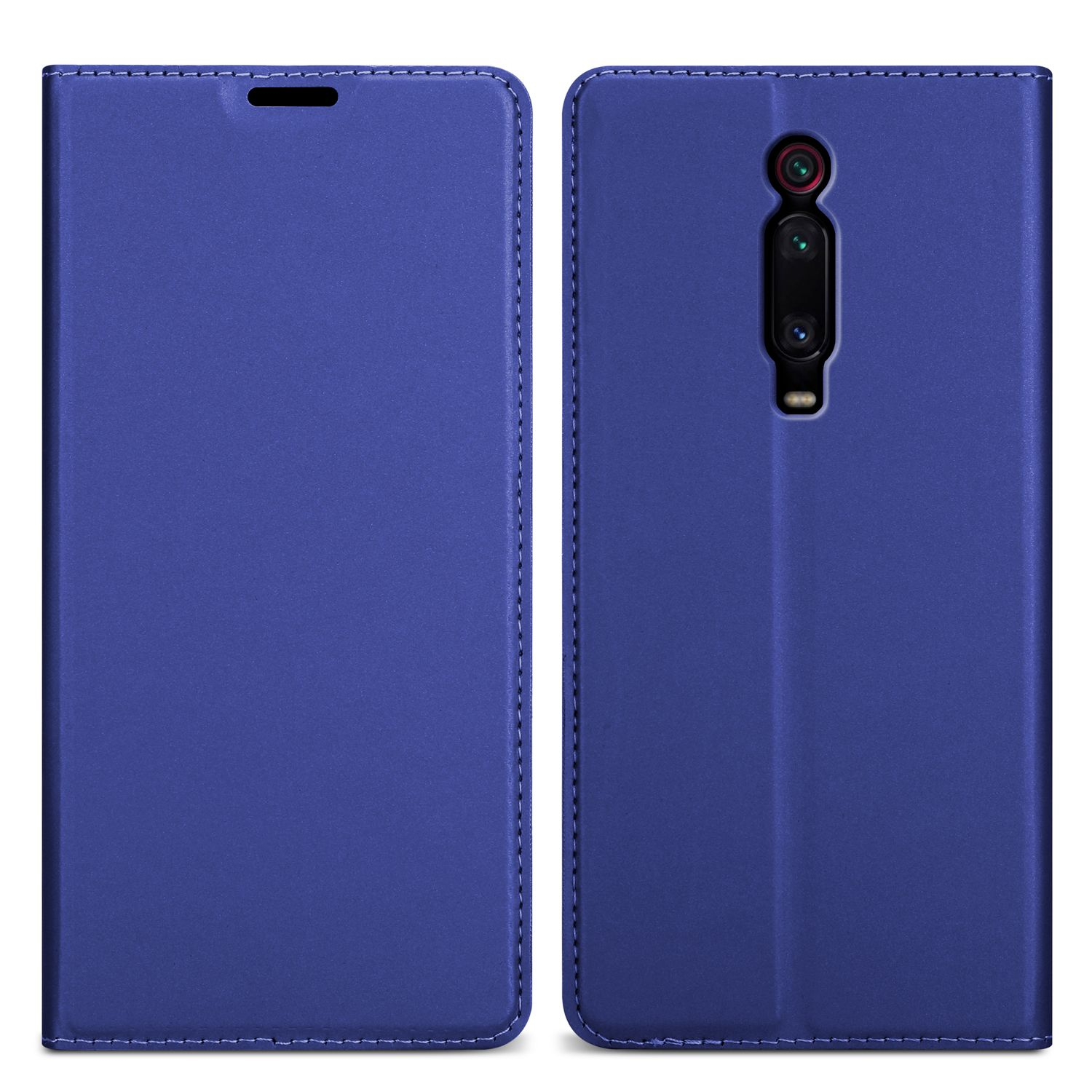 Custodia blu per telefono, chiusa a sinistra e aperta a destra, con modulo fotocamera.