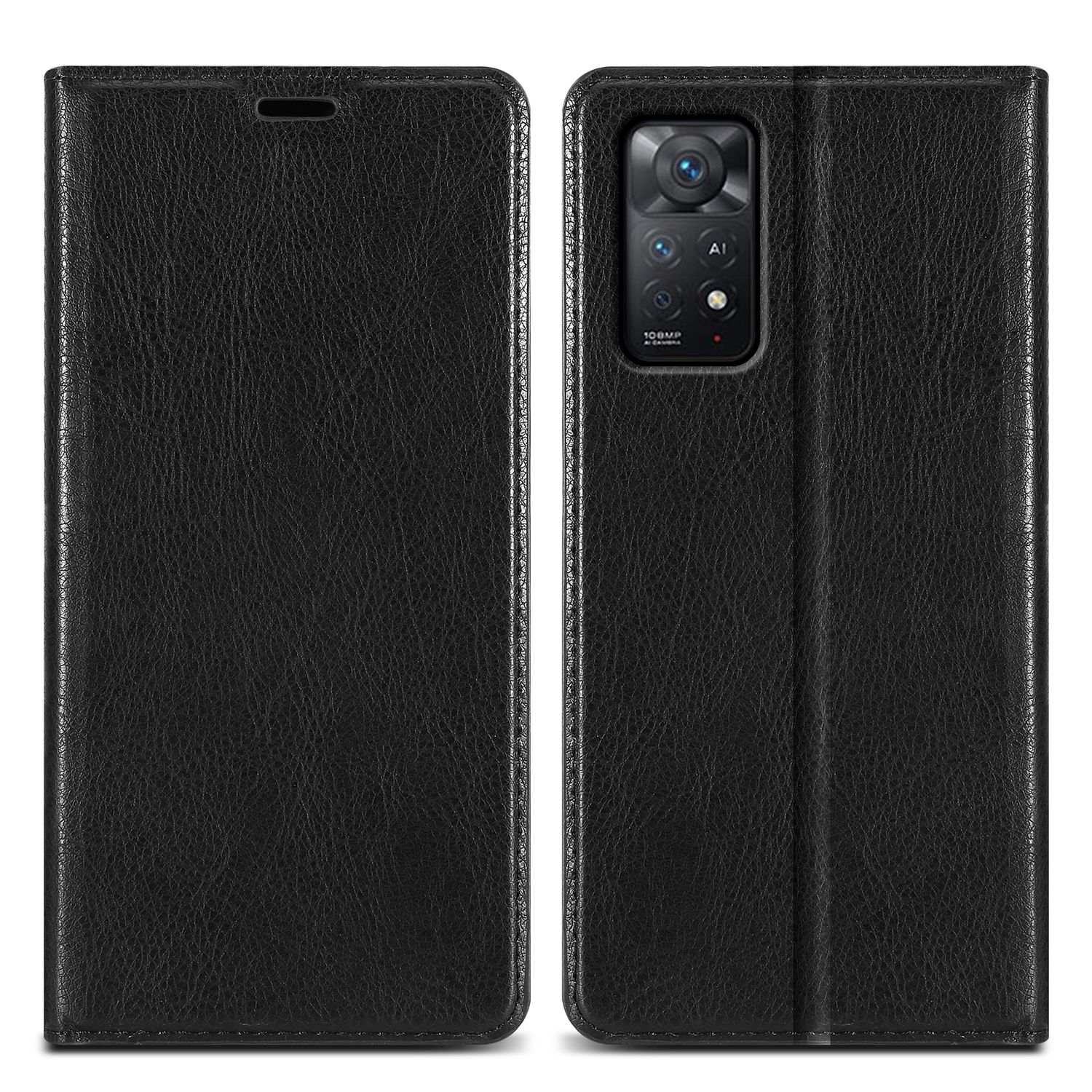 Schwarze Leder-Handyhülle, offen, mit Telefon. Hülle hat Kartenfächer.