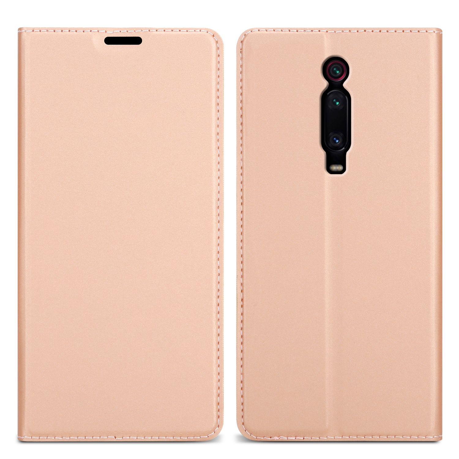 Custodia rosa per telefono, chiusa. Vista anteriore e posteriore. Cuciture visibili sui bordi.