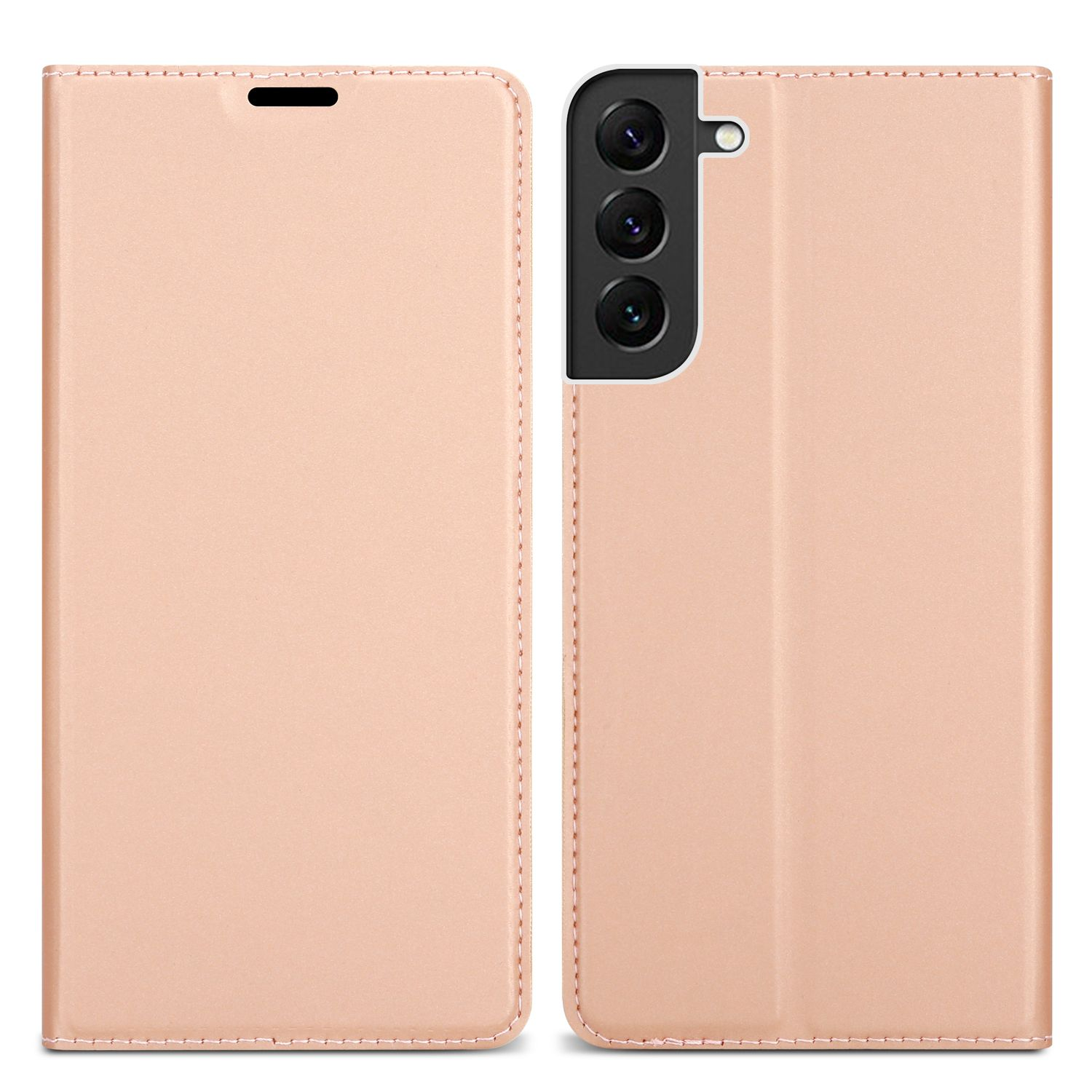 Custodia per telefono rosa, aperta, con telefono all'interno. Sfondo bianco.