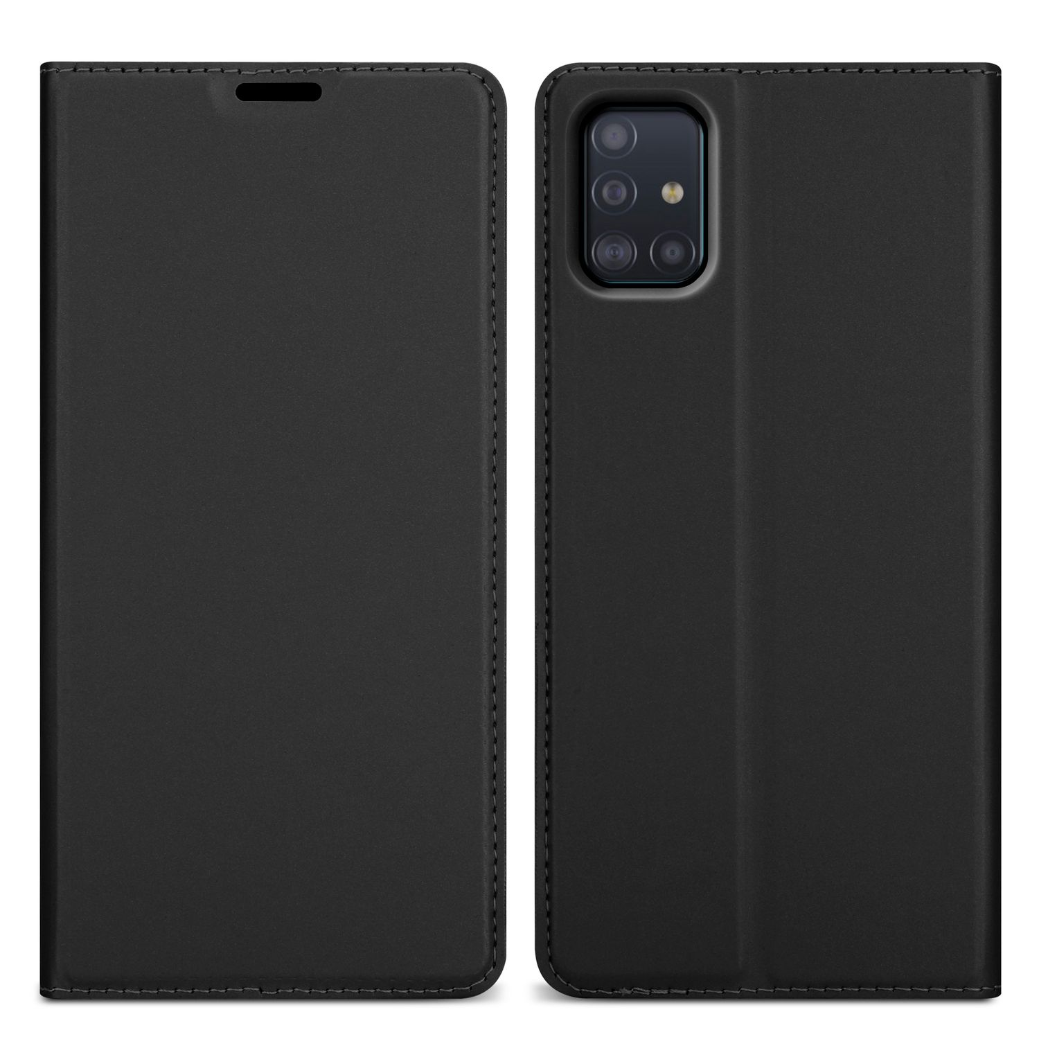 Custodia per telefono in pelle nera, aperta e chiusa. Fornisce protezione. Nessun marchio visibile.