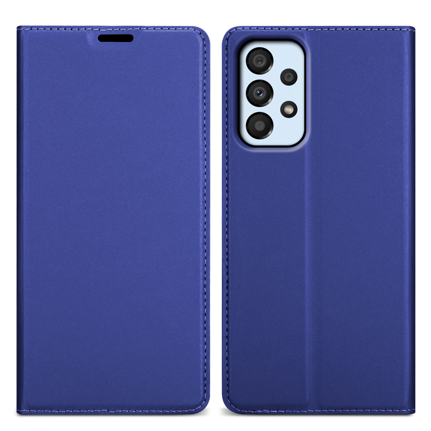 Eine blaue Handyhülle, geöffnet, um die Kameraanordnung des Telefons zu zeigen. Eine blaue, lederartige Textur ist sichtbar.