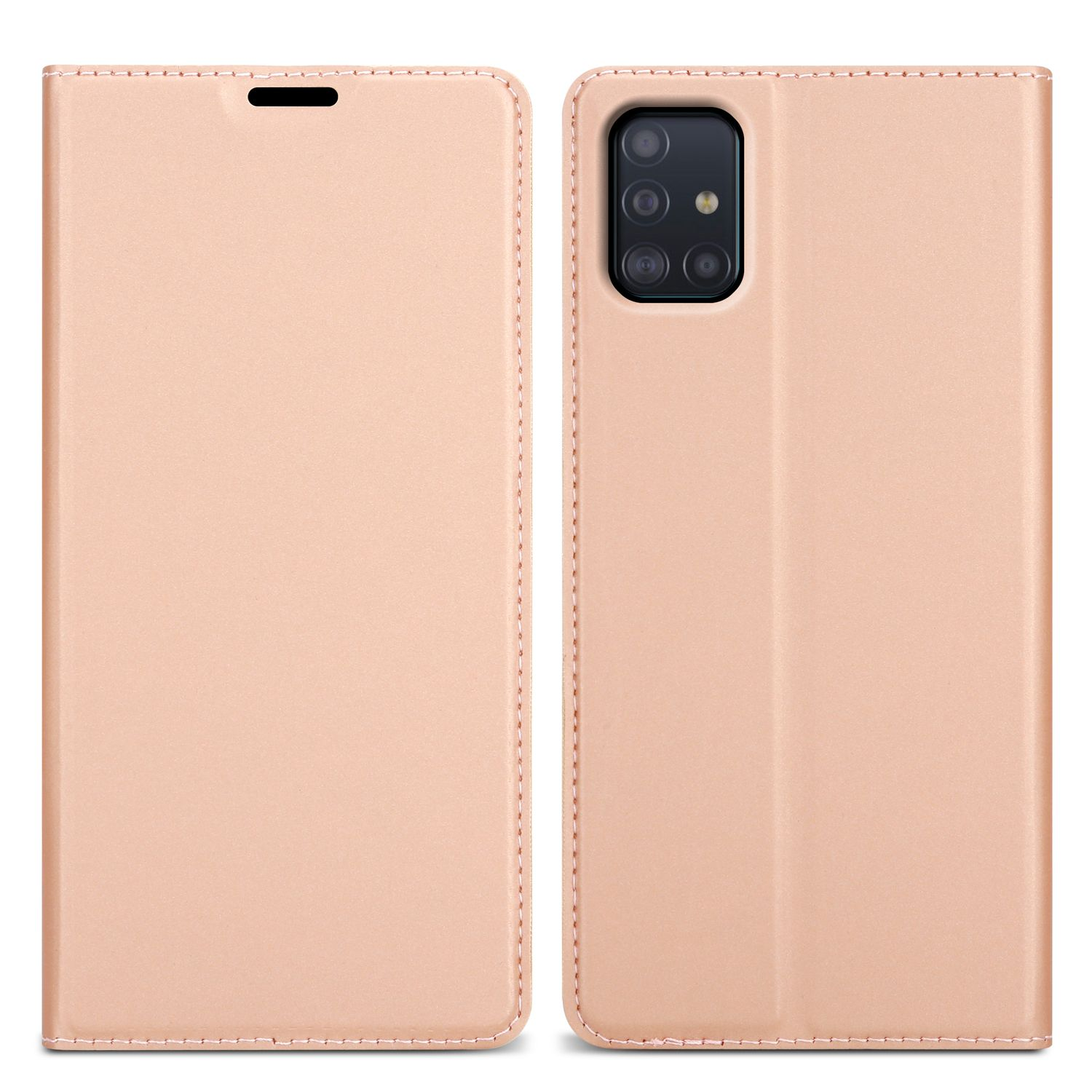 Custodia per telefono rosa, aperta, che mostra il telefono all'interno. La custodia ha una texture simile alla pelle.