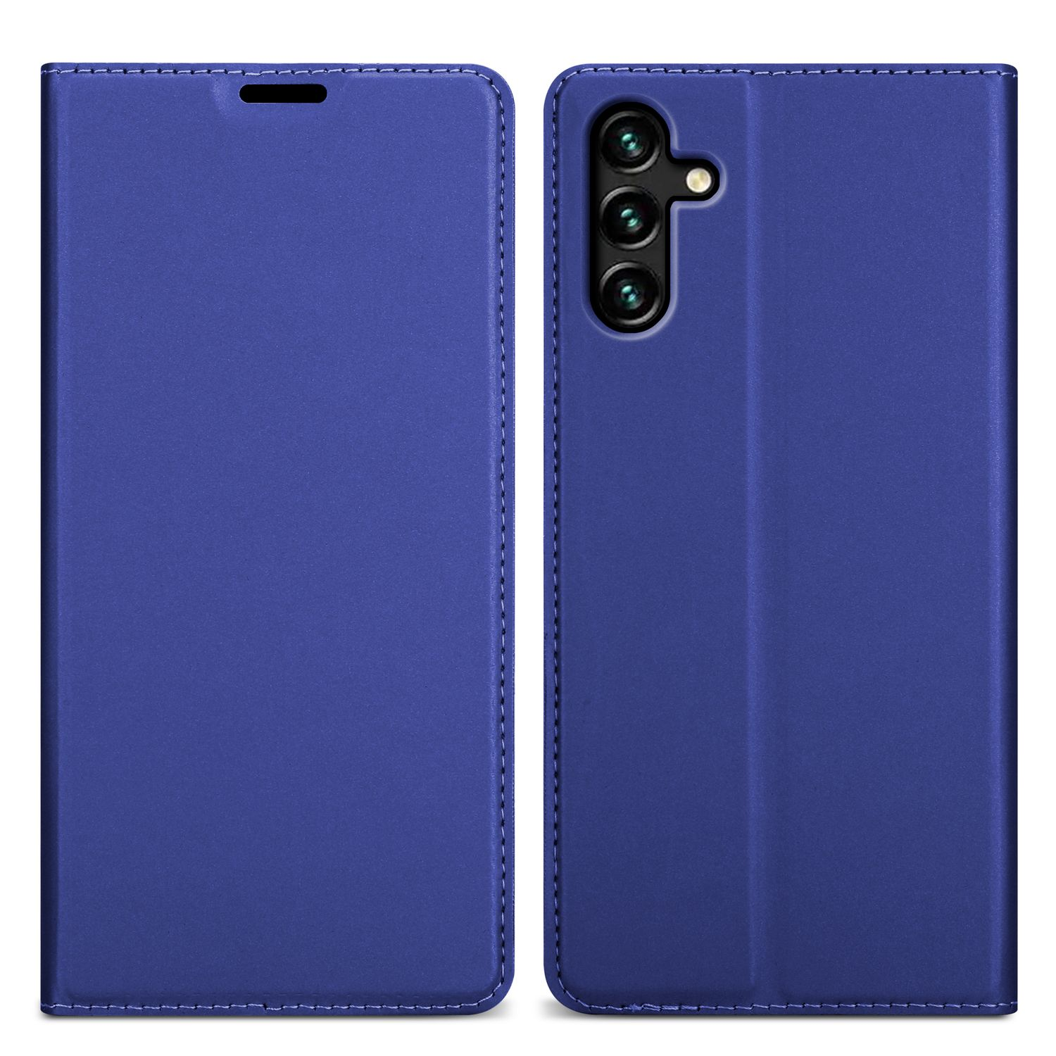 Custodia blu per telefono, aperta a sinistra, chiusa a destra. Una fotocamera è visibile a destra.