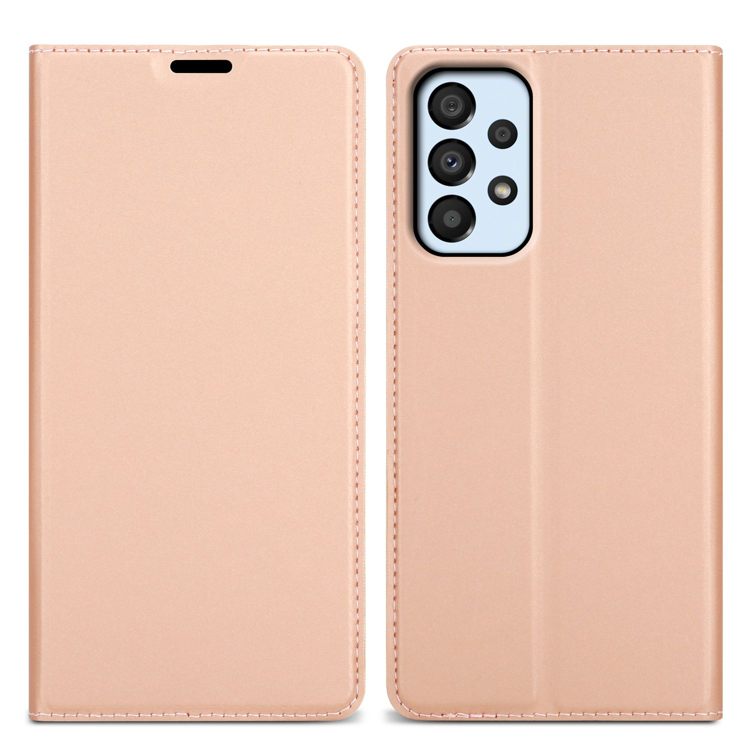 Geöffnete pinke Handyhülle mit Handy. Weißer Hintergrund.