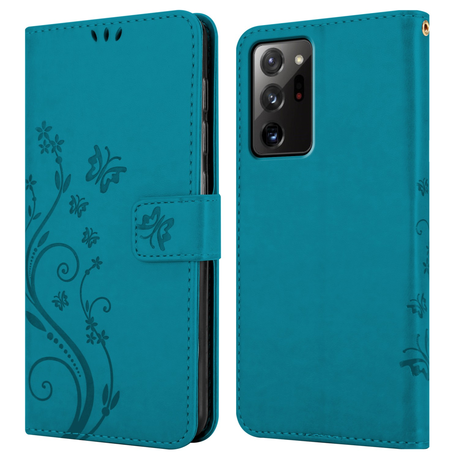 Custodia per telefono turchese con design floreale. La custodia è aperta, rivelando il telefono all'interno. Pulsante visibile.