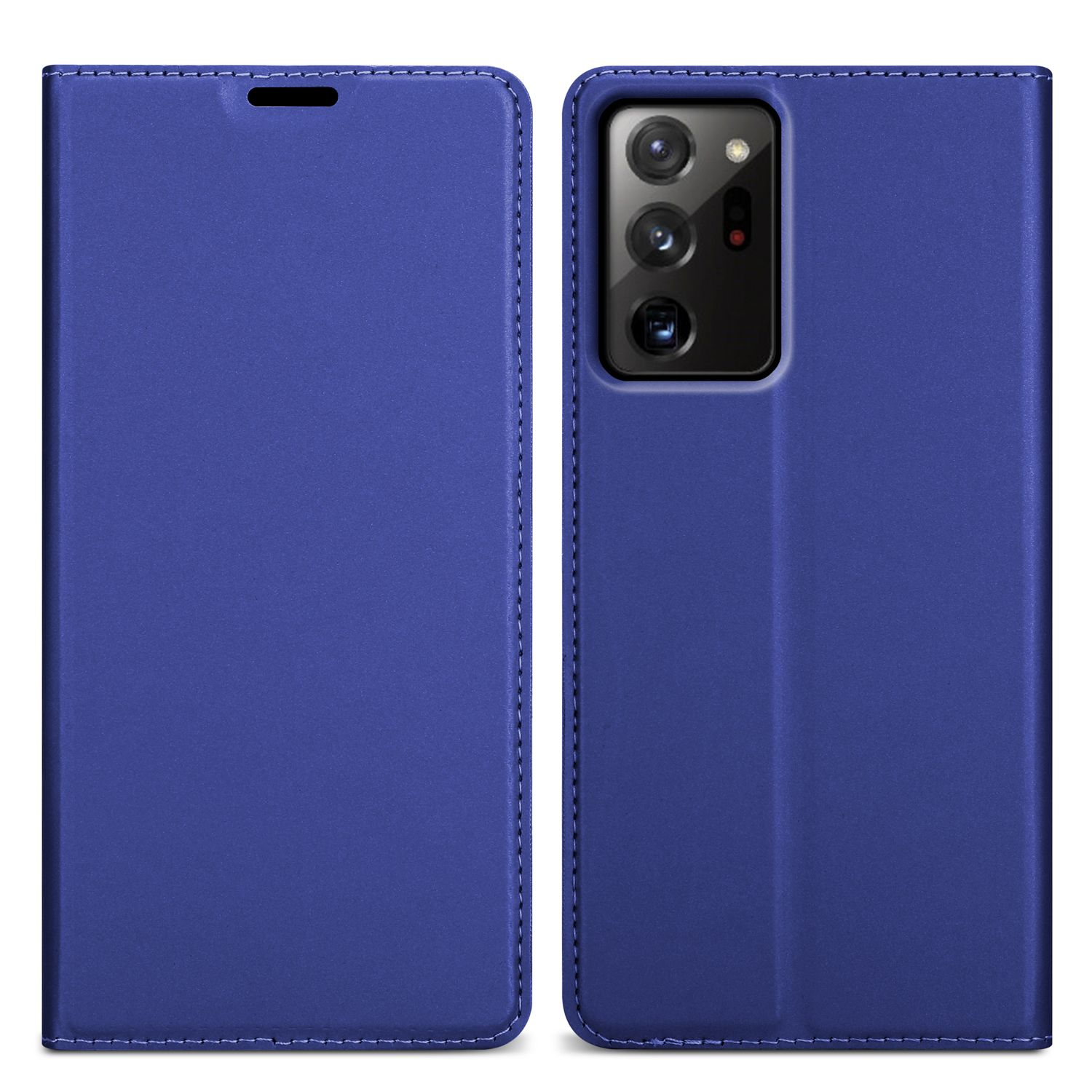 Una custodia per telefono blu è mostrata aperta e chiusa. La custodia ha una trama liscia e un ritaglio per la fotocamera.