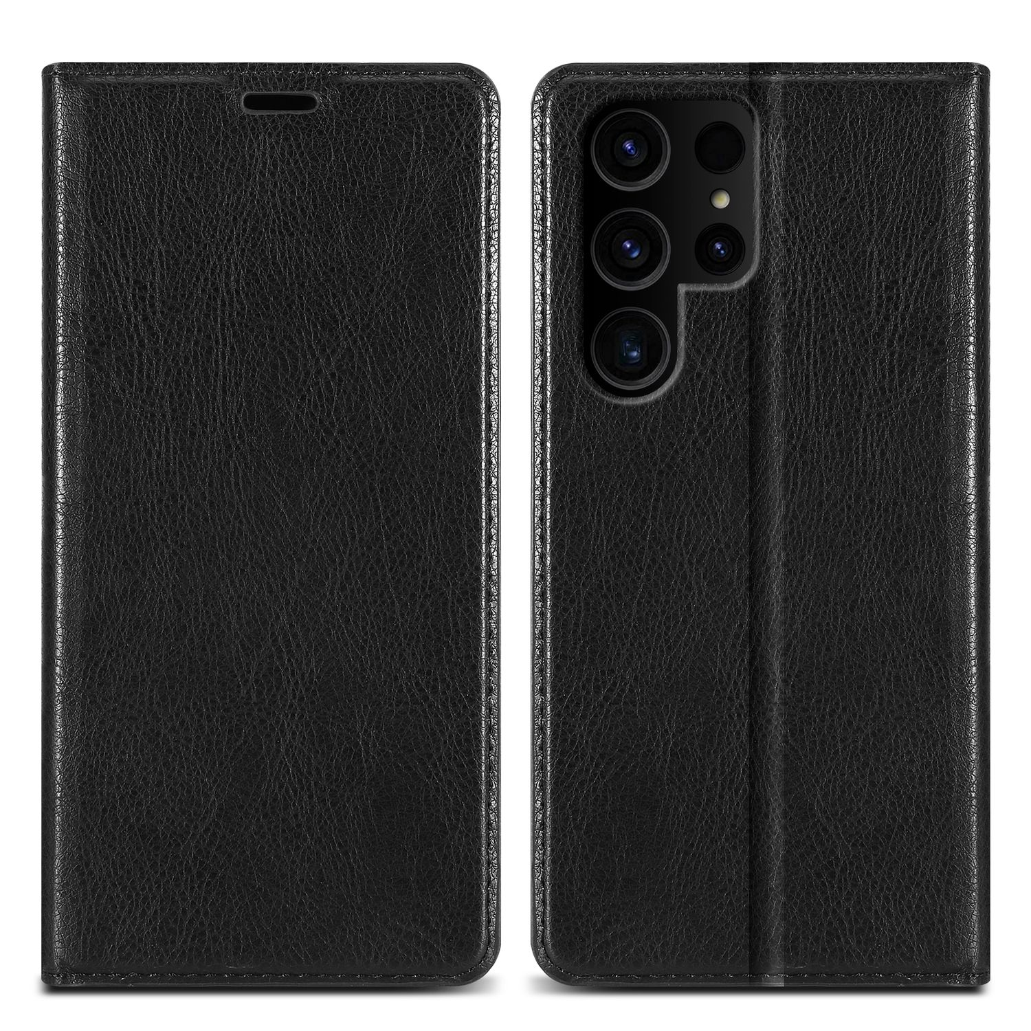 Custodia per telefono in pelle nera, aperta e chiusa, con tripla fotocamera.