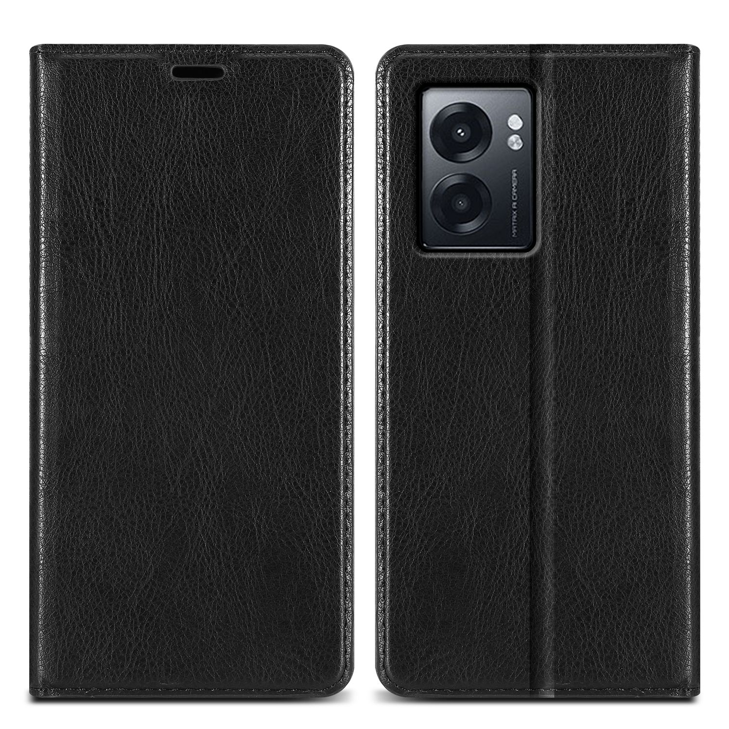Custodia per telefono nera, texture in pelle, interno con spazio per telefono e carte.