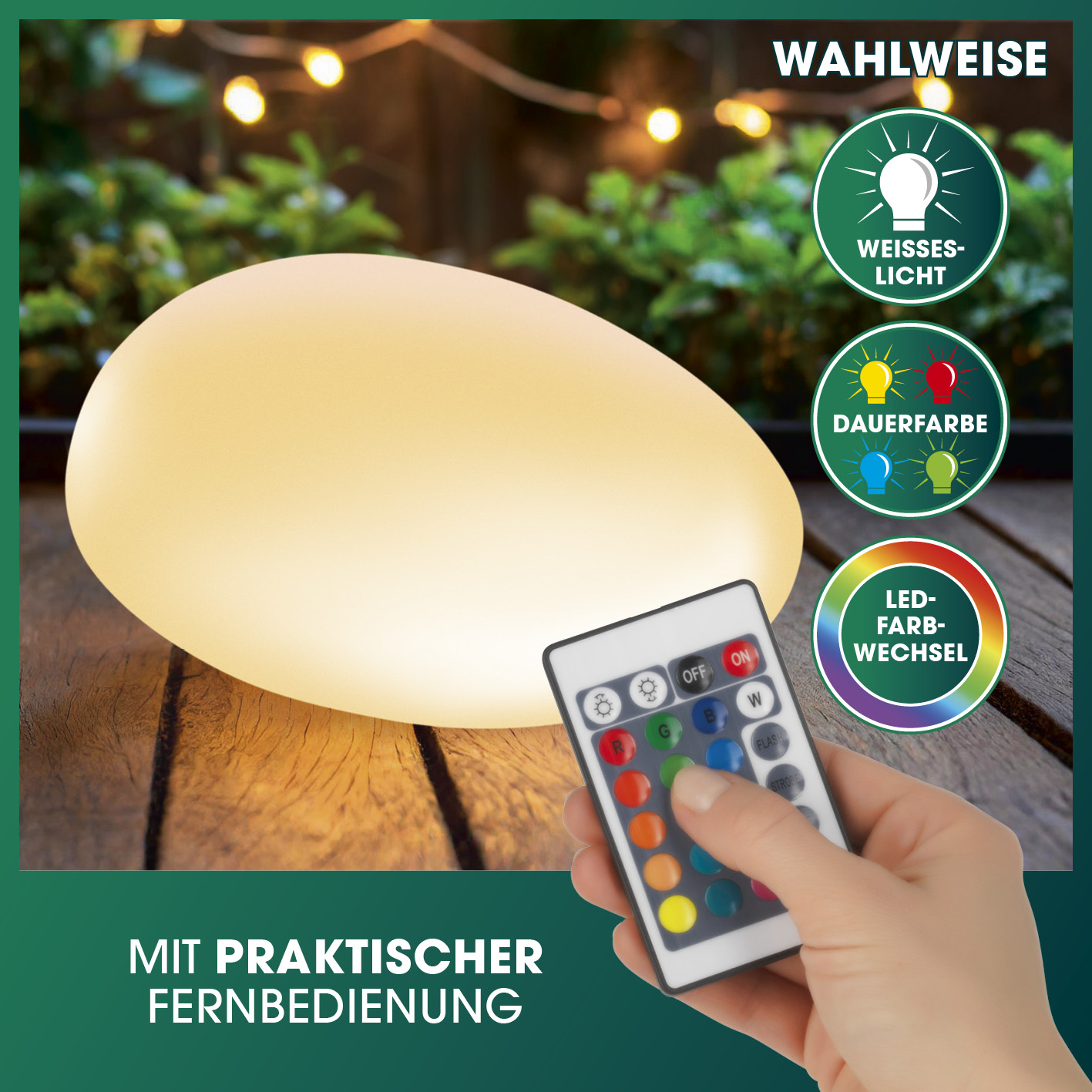 Eiförmige Leuchte mit Fernbedienung, Optionen für Weiß, Farben und Farbwechsel.