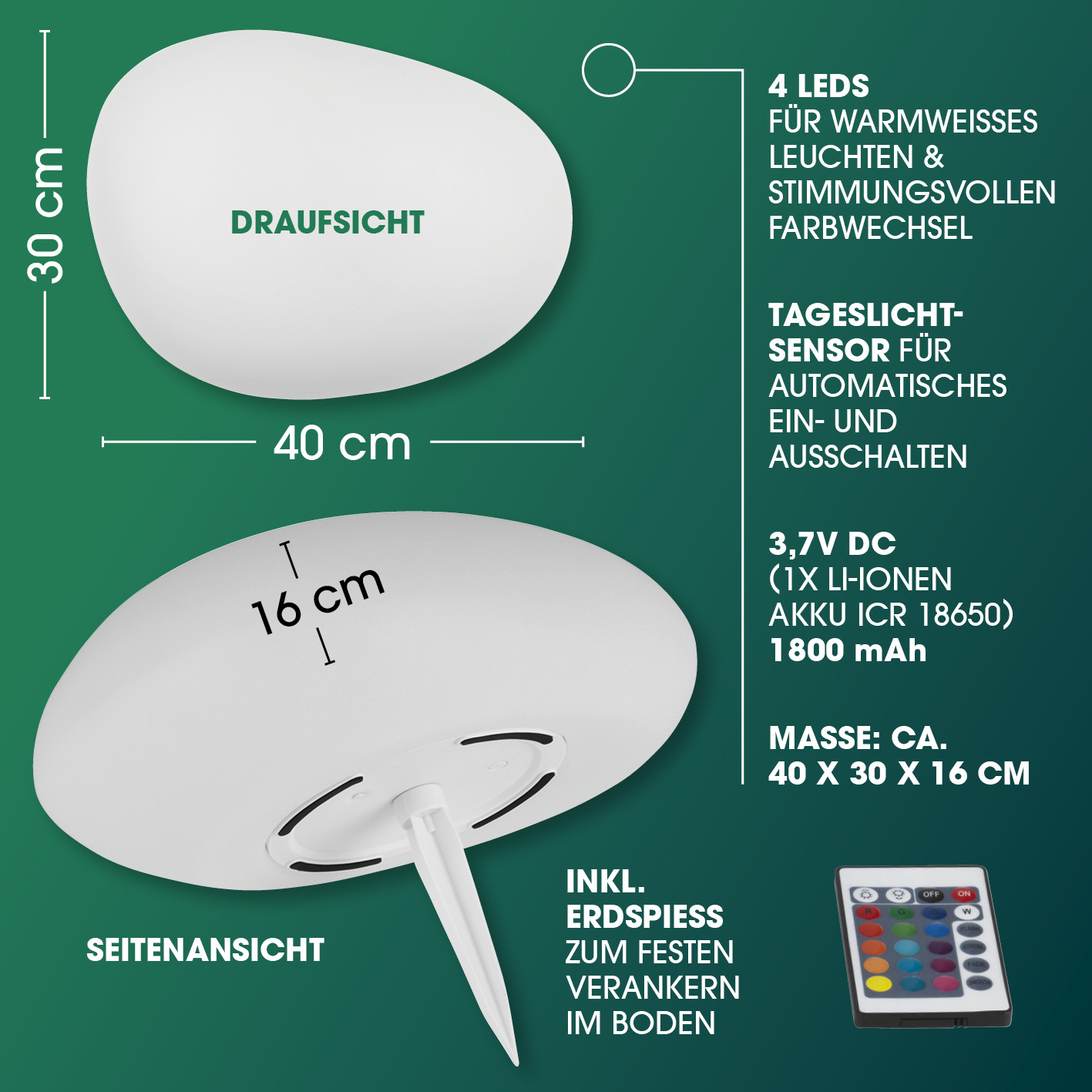 Weiße LED-Lampe mit Abmessungen und Fernbedienung. Die Lampe hat eine flache Oberseite und einen Ständer.