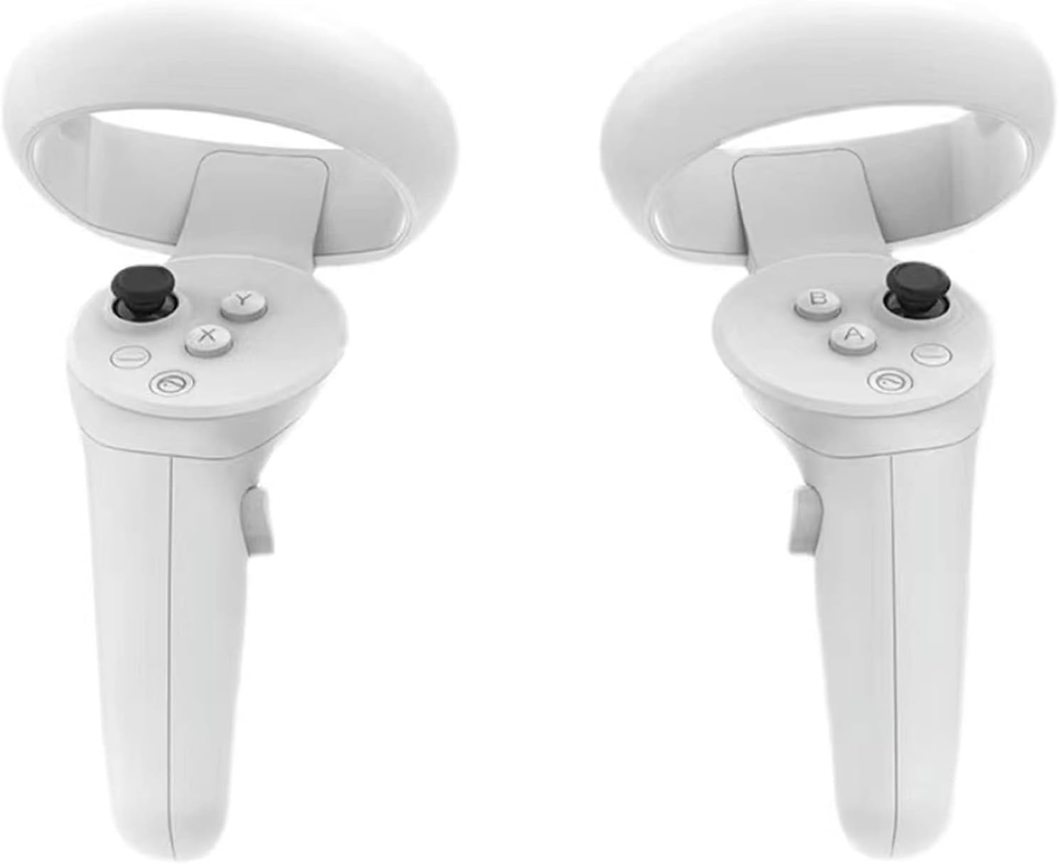 Dos controladores VR blancos con botones y joysticks negros.