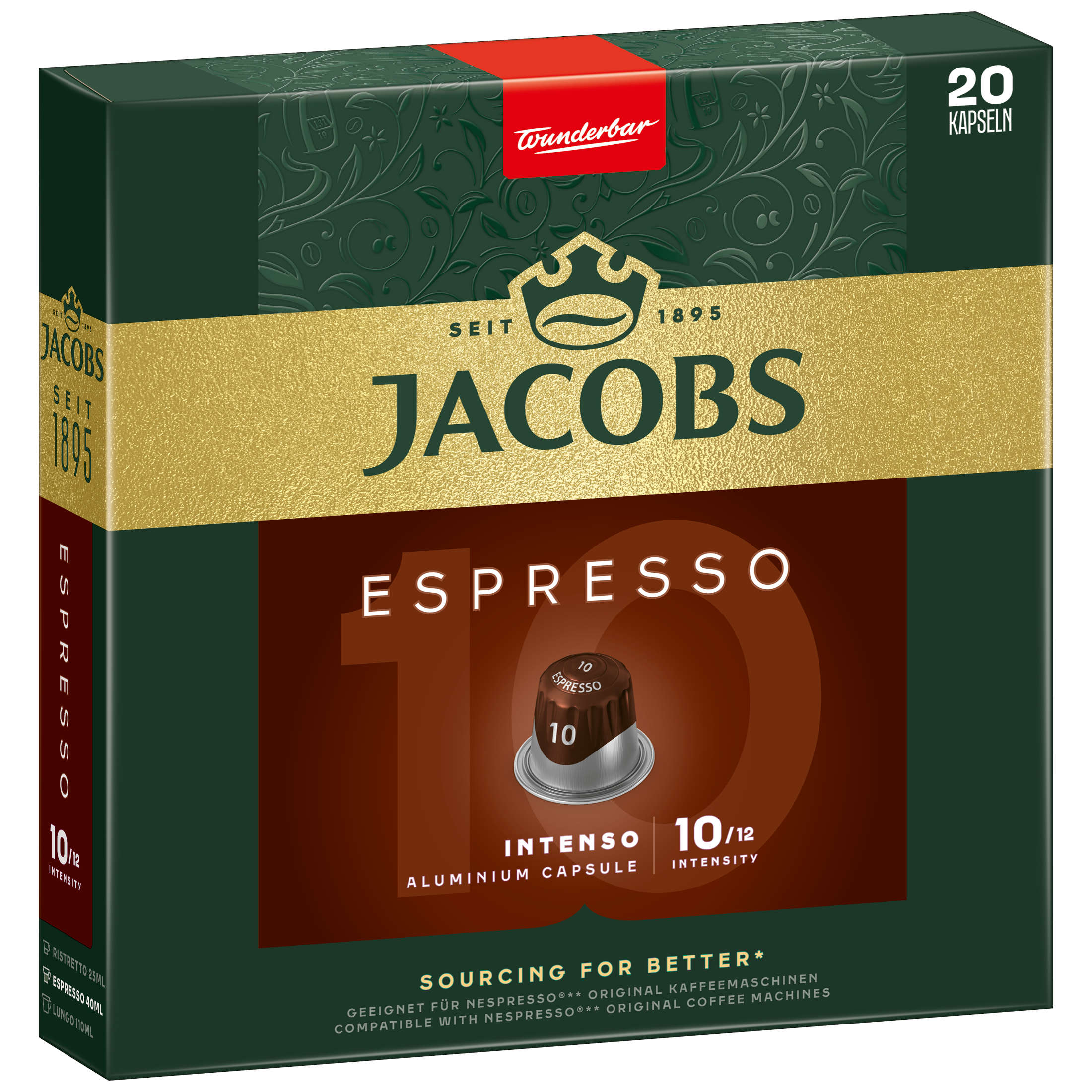 Jacobs Espresso Kaffeebox. Dunkelgrün und Gold. Zeigt eine Kaffeekapsel.