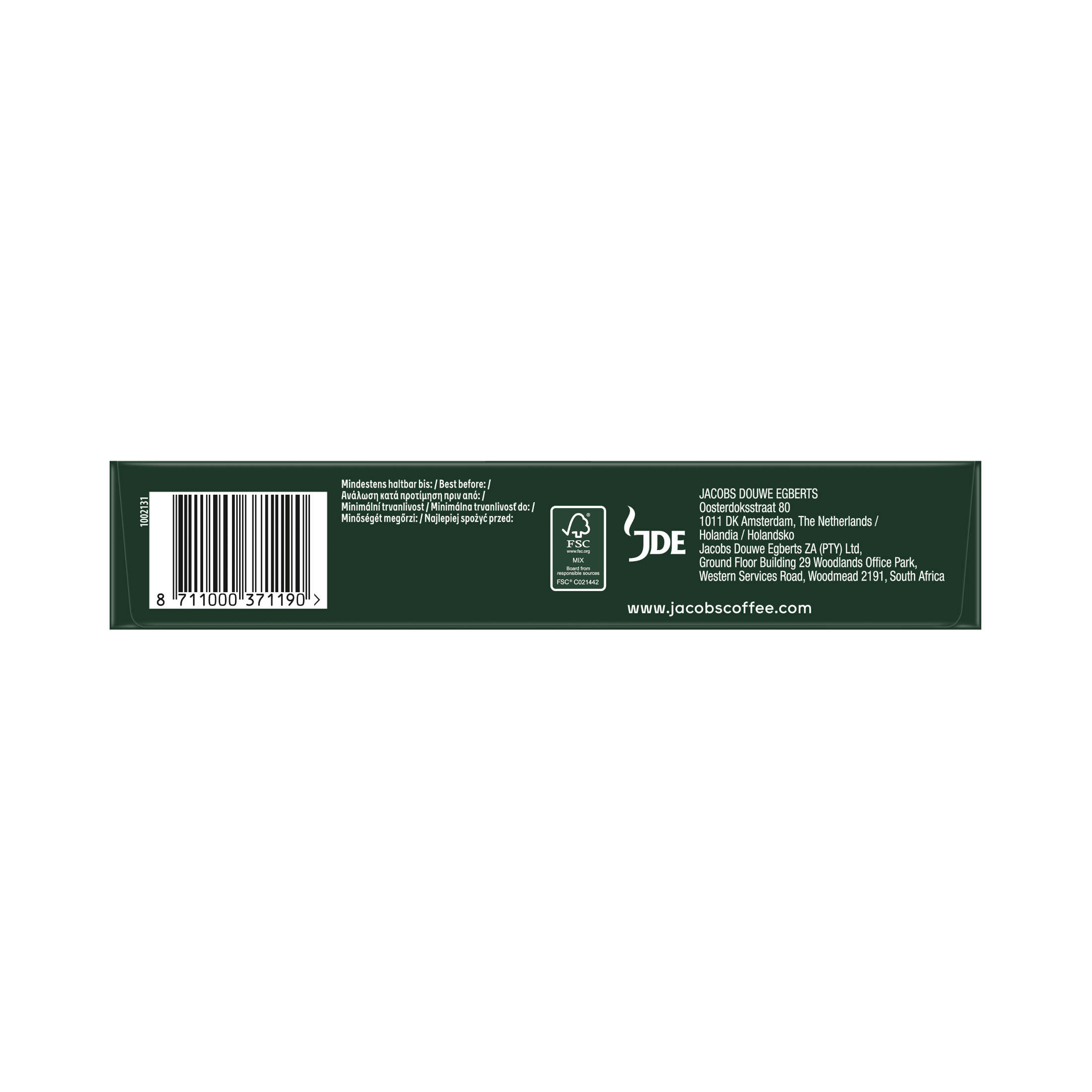 Eine Jacobs-Kaffeepackung mit Barcode und Produktinformationen. Der Hintergrund ist grün.