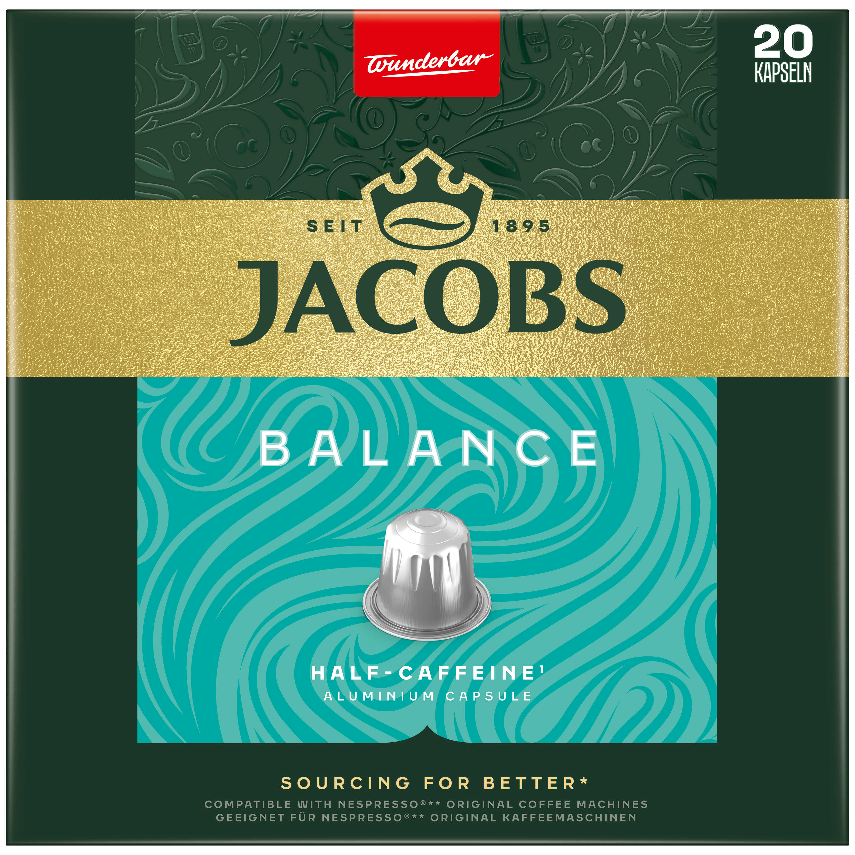 Jacobs Kaffeekapseln in einer grünen Schachtel. Die Kapseln sind silberfarben und halb entkoffeiniert.